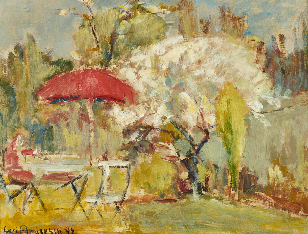 CARL ANDERSON (1888-1952). Trädgårdsidyll med kvinna vid bord, parasoll