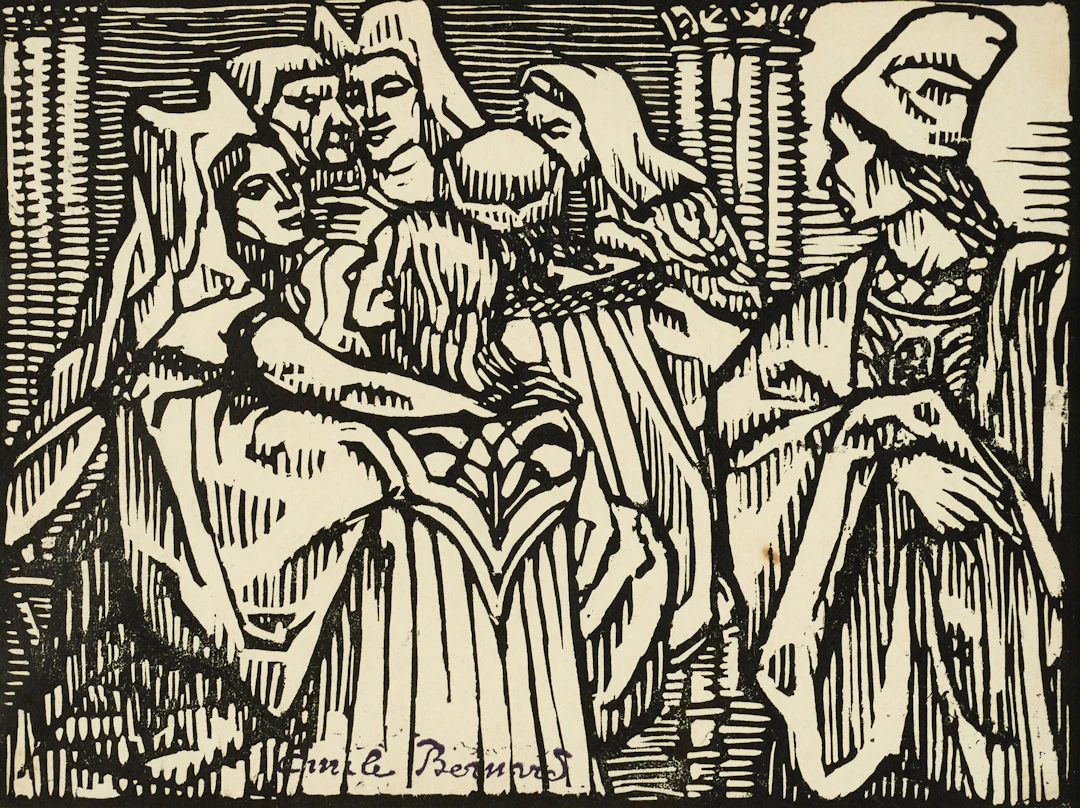 ÉMILE BERNARD (1868-1941). Religiös komposition, signerad, träsnitt.