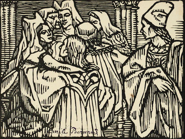 ÉMILE BERNARD (1868-1941). Religiös komposition, signerad, träsnitt.