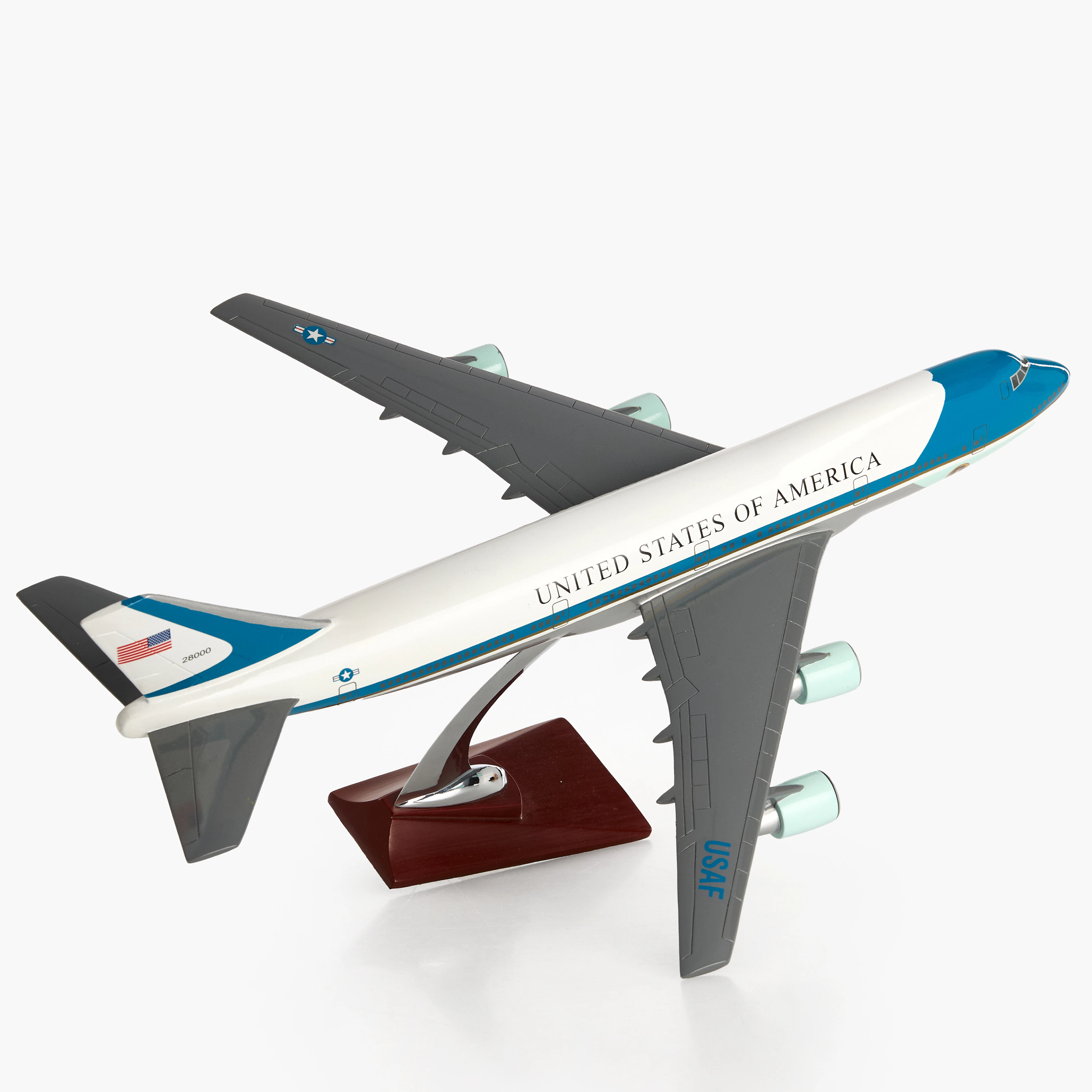 MODELLFLYGPLAN, USA Air Force One, på ställning, målad metall.