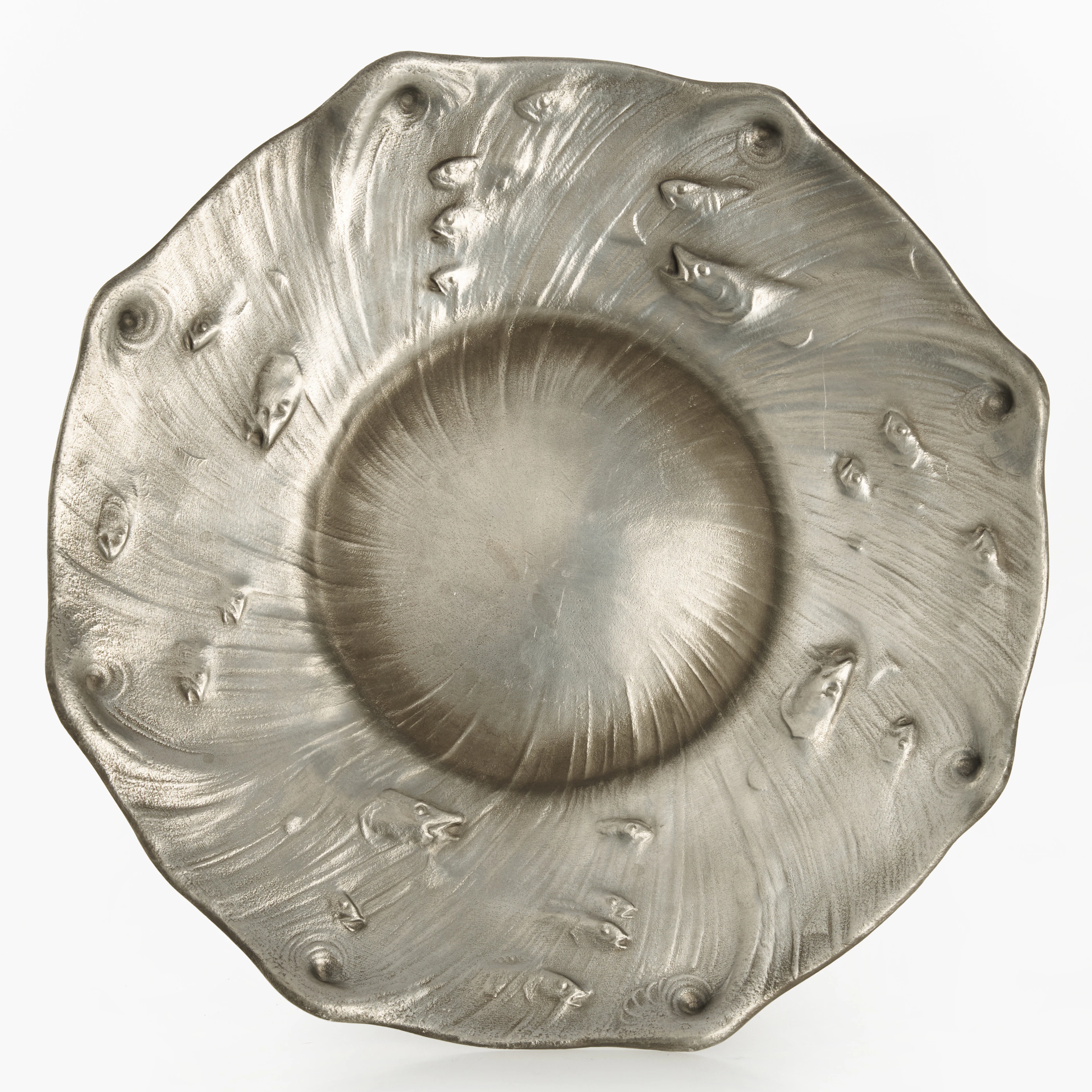 OLOF AHLBERG. Fat, jugendstil, tenn, reliefdekor av fiskar, Schreuder