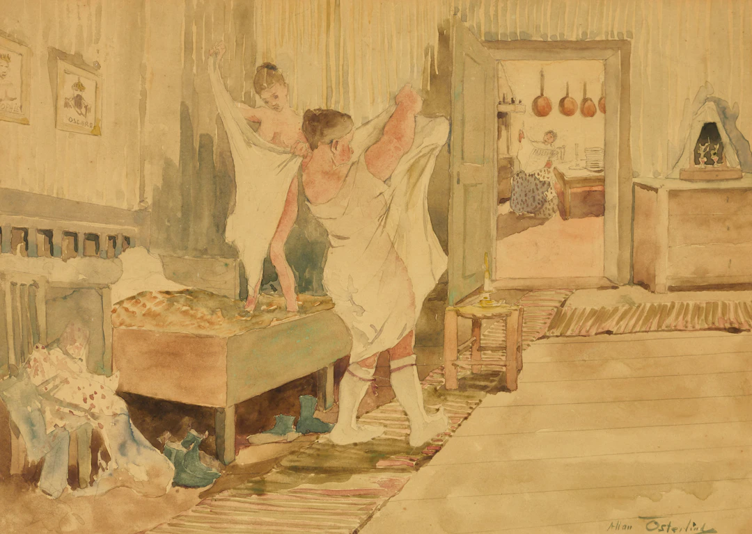 ALLAN ÖSTERLIND (1855–1938). Sängbestyr, signerad, akvarell.