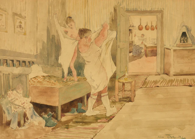 ALLAN ÖSTERLIND (1855–1938). Sängbestyr, signerad, akvarell.
