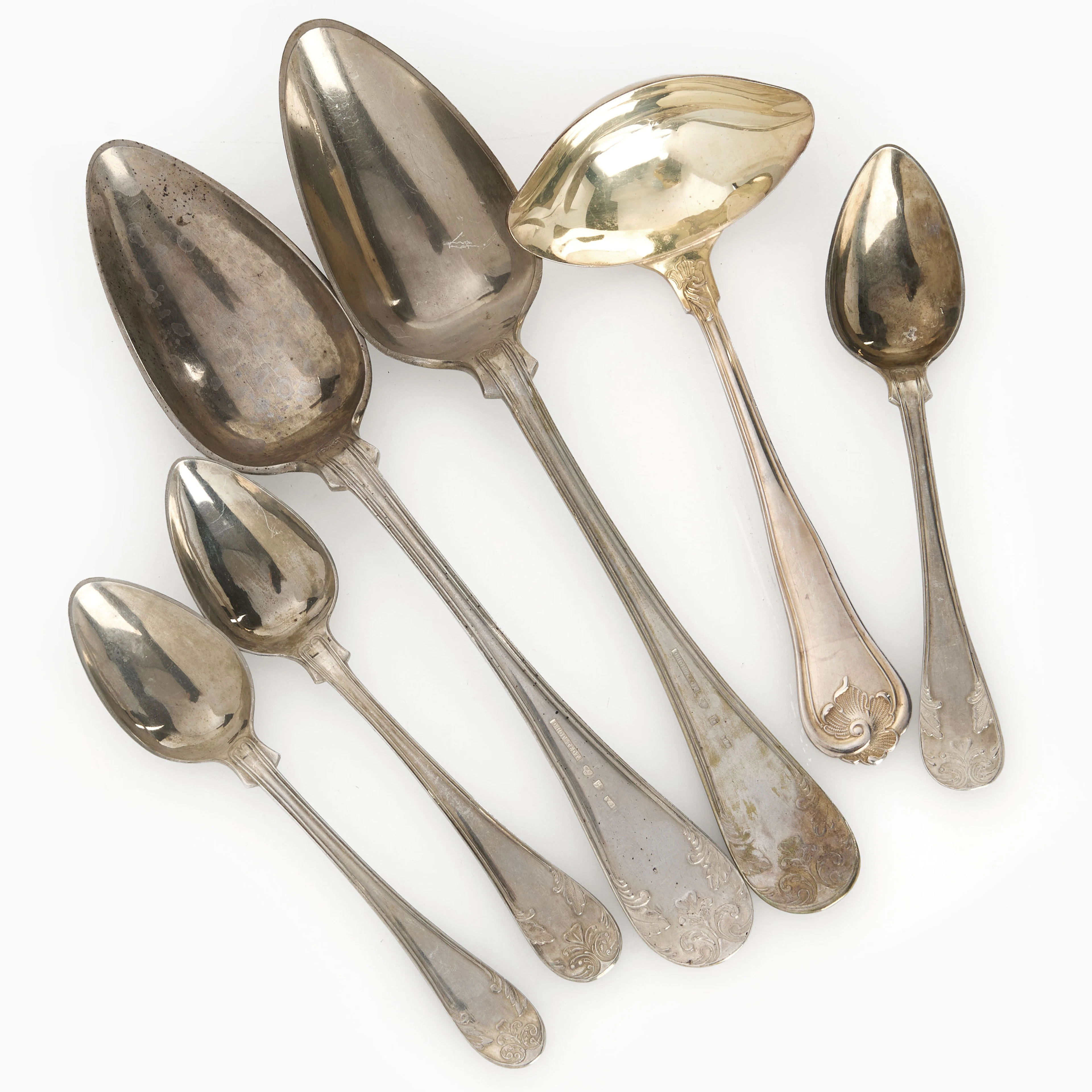 PARTI SILVER, 6 delar, skedar samt såsslev, 1800-1900 tal, olika modeller
