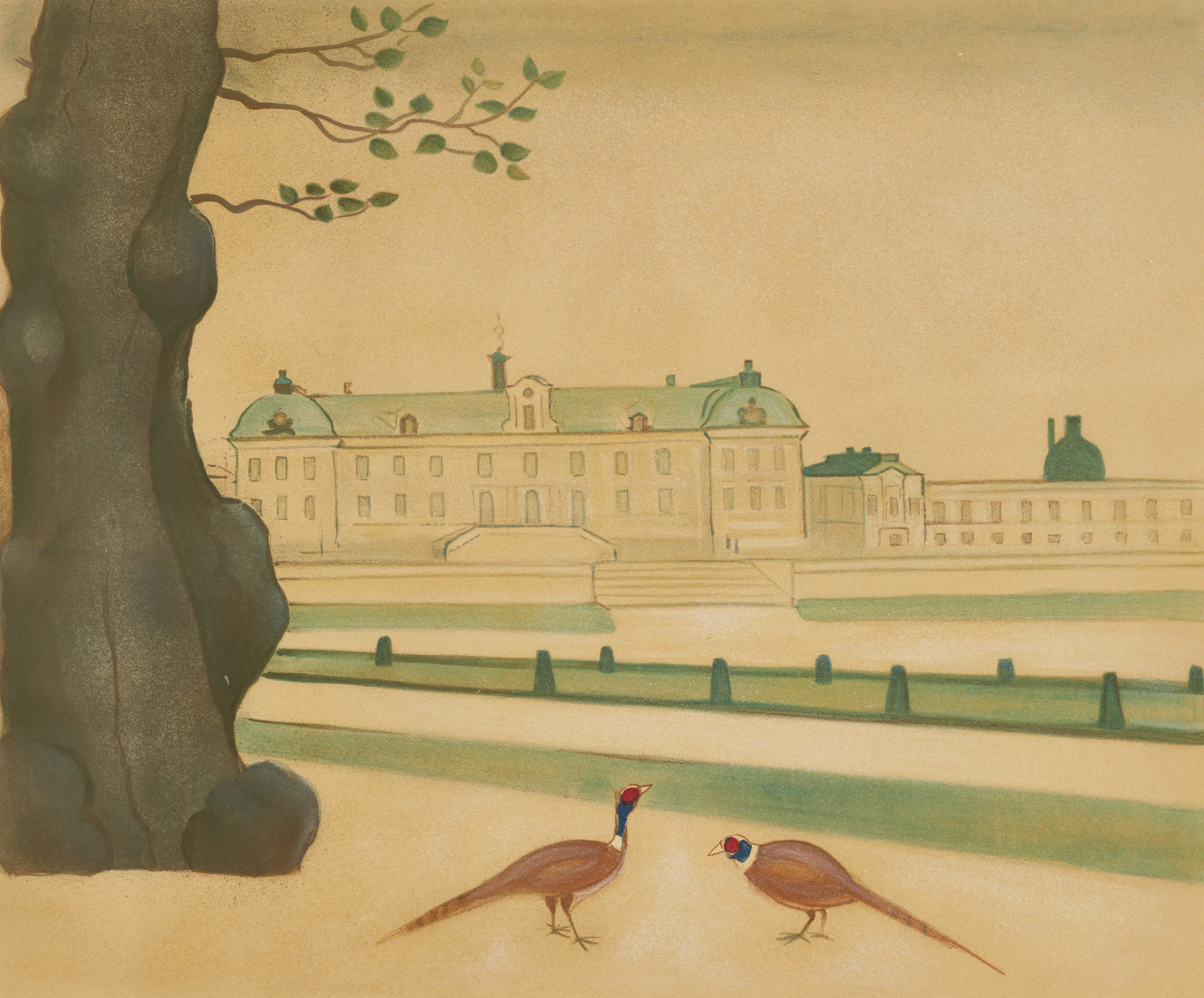 EINAR JOLIN 1890–1976. Fasaner vid Drottningholm Slott, signerad och