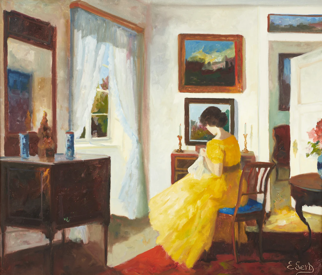 EDIT GERT (DANMARK, 1906–1983). Sittande kvinna i interiör, signerad
