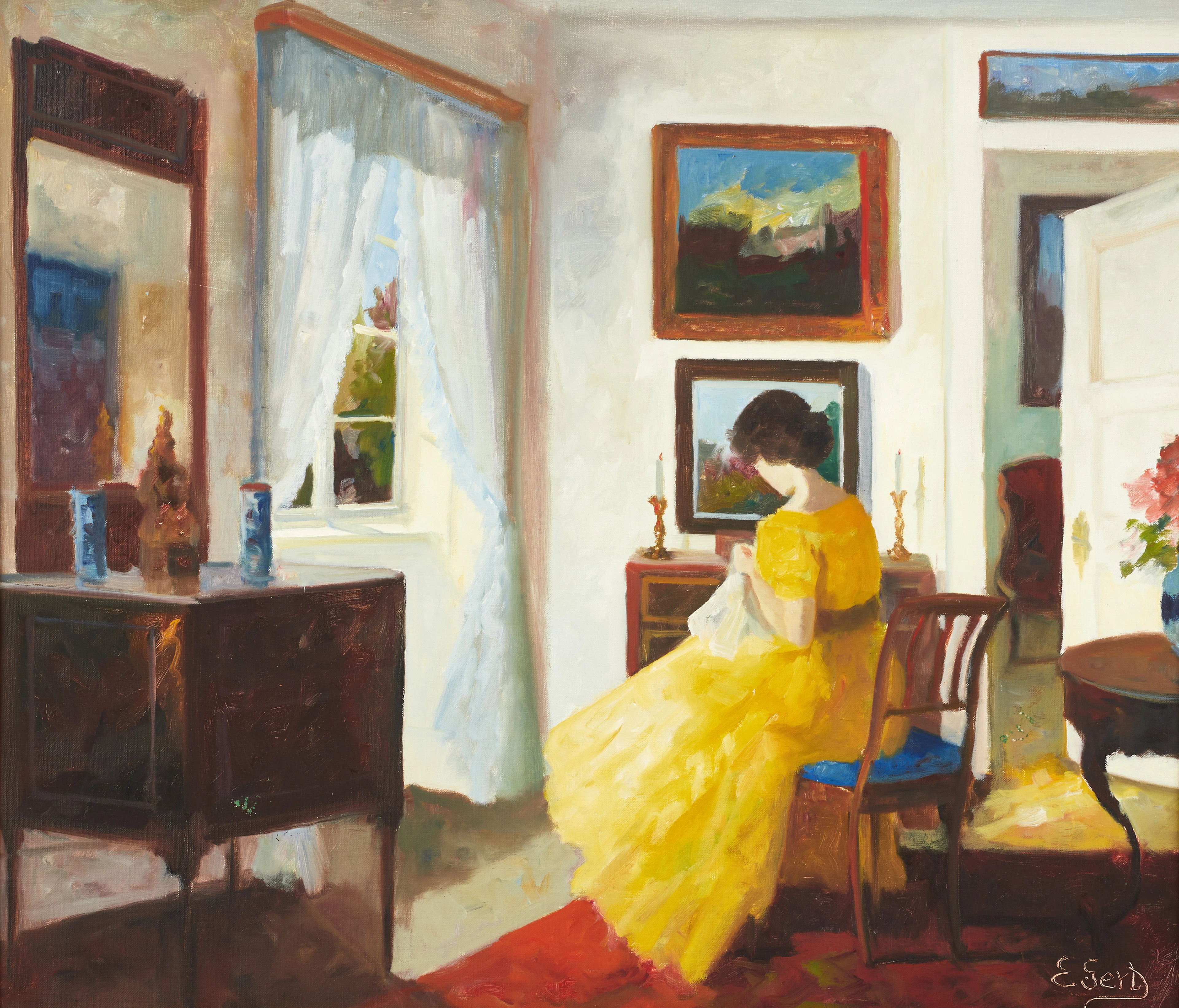 EDIT GERT (DANMARK, 1906–1983). Sittande kvinna i interiör, signerad