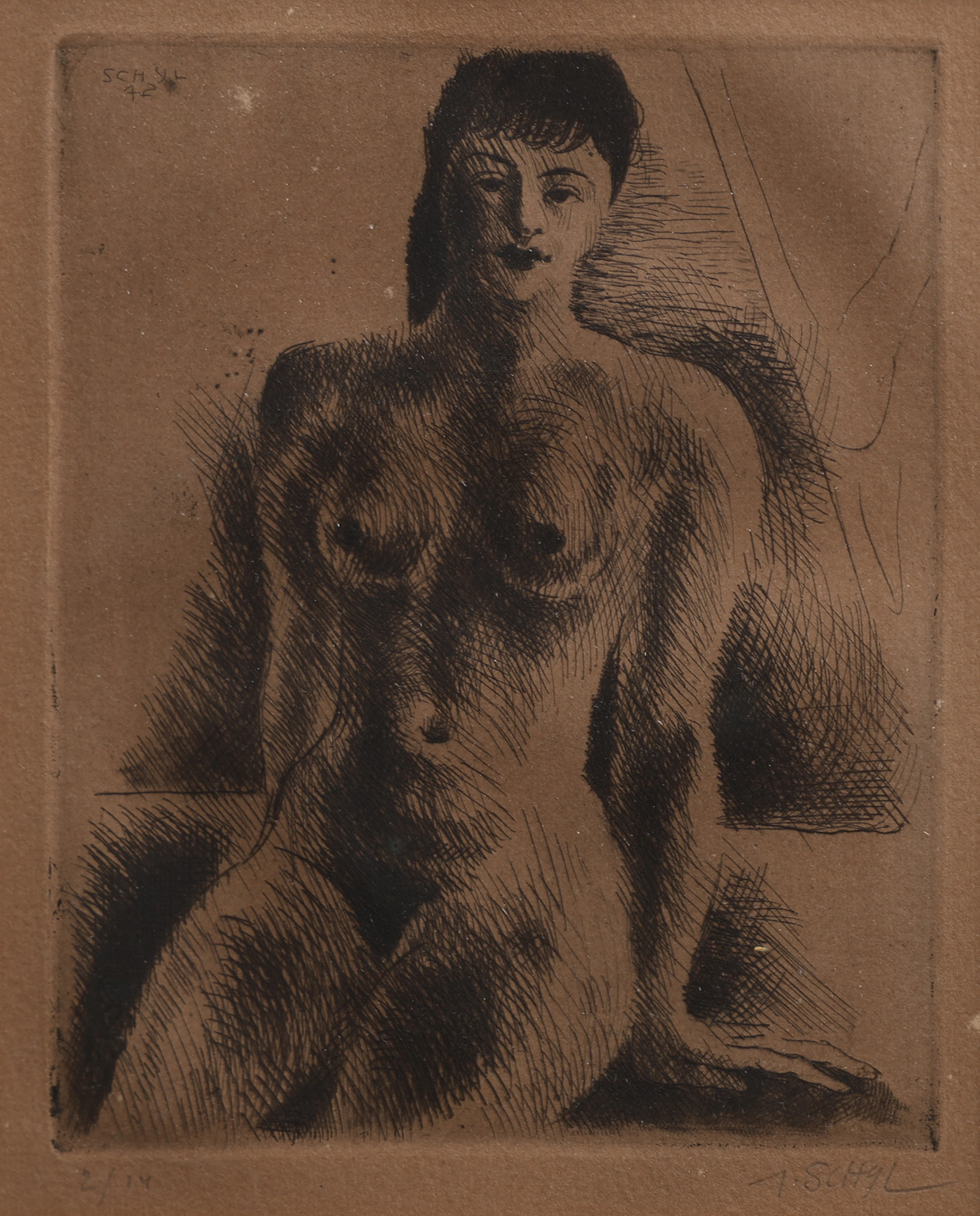 JULES SCHYL. TORRNÅL, AKT, SIGNERAD, NUMRERAD 2/14 OCH DATERAD 1942.