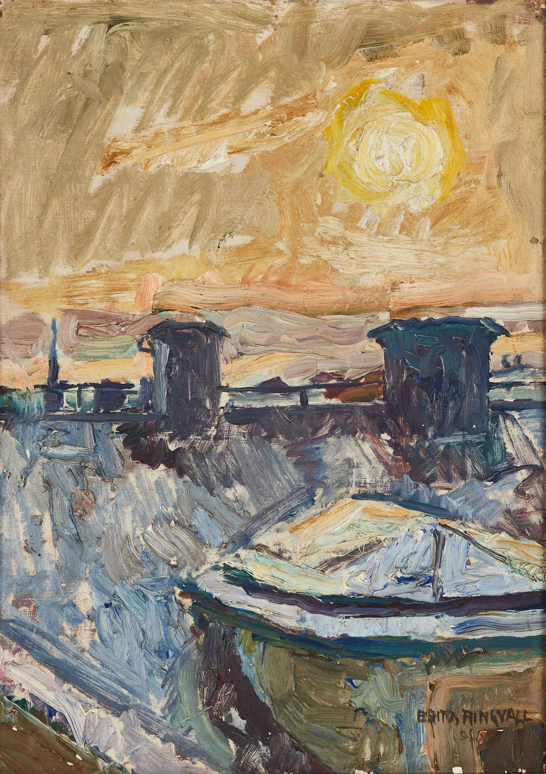 BRITTA RINGVALL (Stockholm, 1912-1987), takåsar i solnedgång, signerad