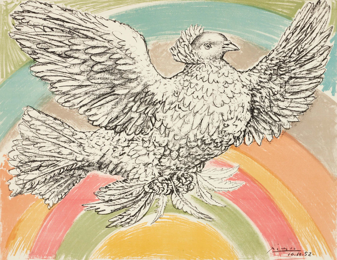 PABLO PICASSO. "Colombe volant- à l'Arc en ciel", signerad och daterad