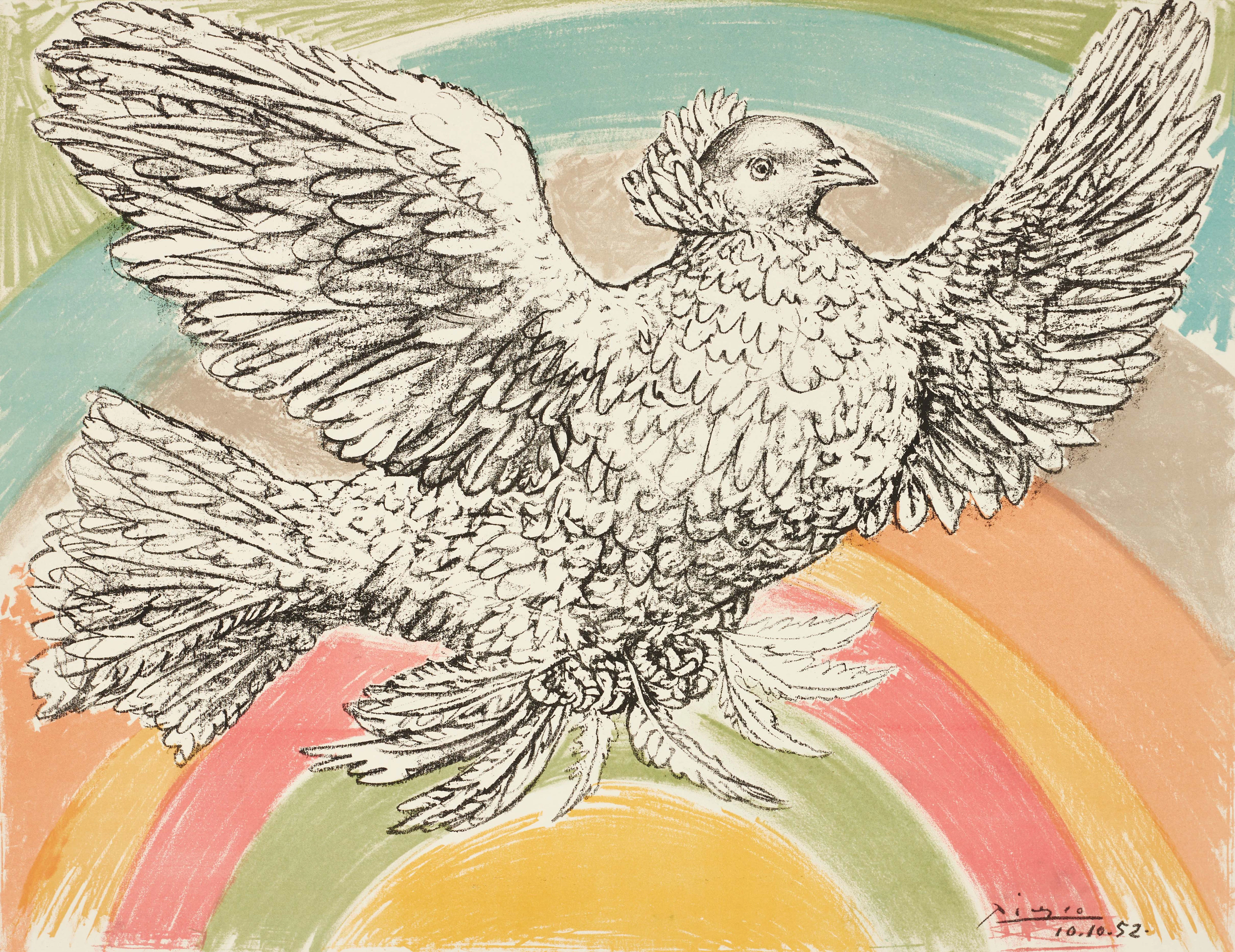 PABLO PICASSO. "Colombe volant- à l'Arc en ciel", signerad och daterad