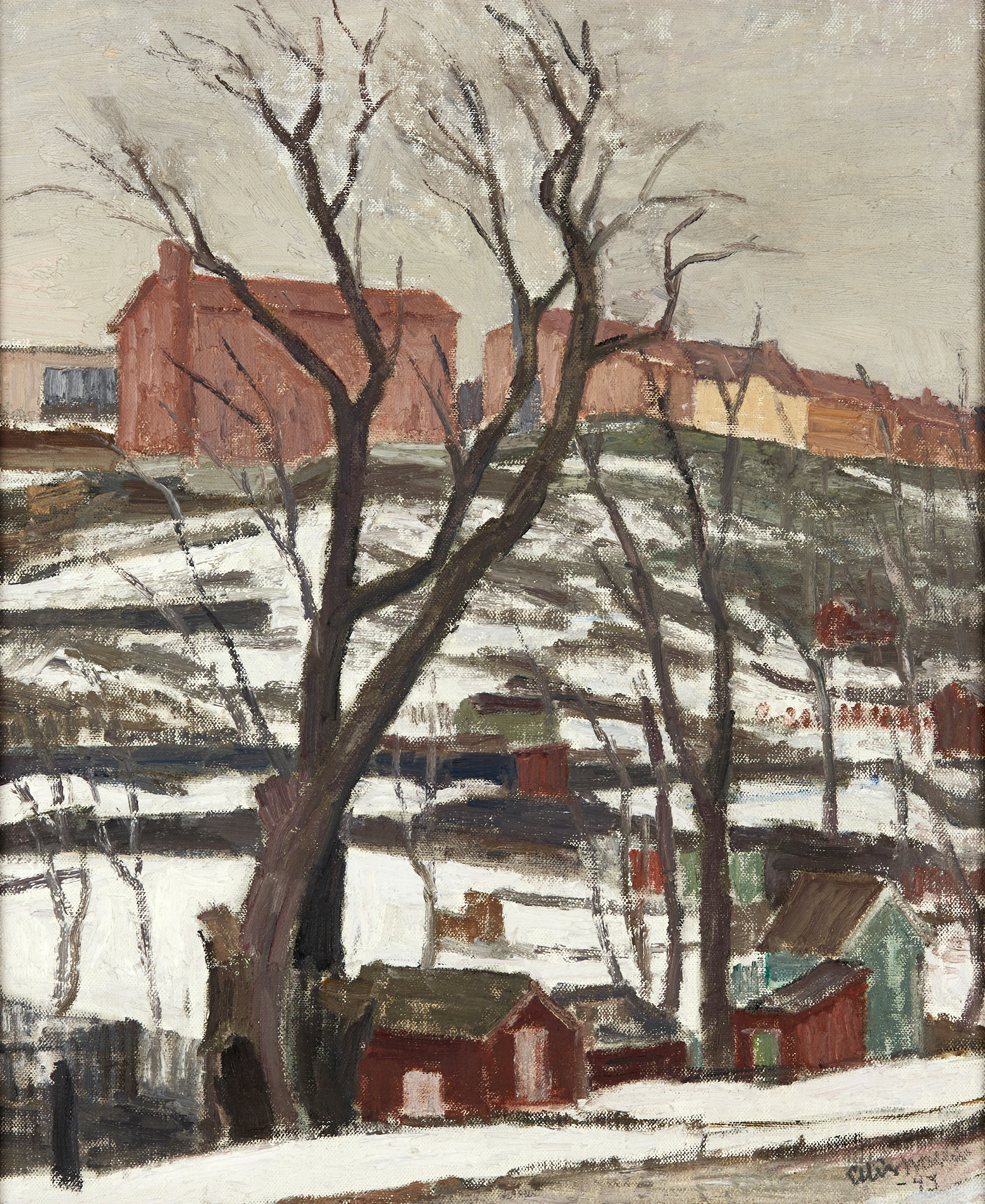 ELLIS WALLIN (1888-1972), ”Snöfläckar”, vy från Eriksdalslundens koloniträdgårda