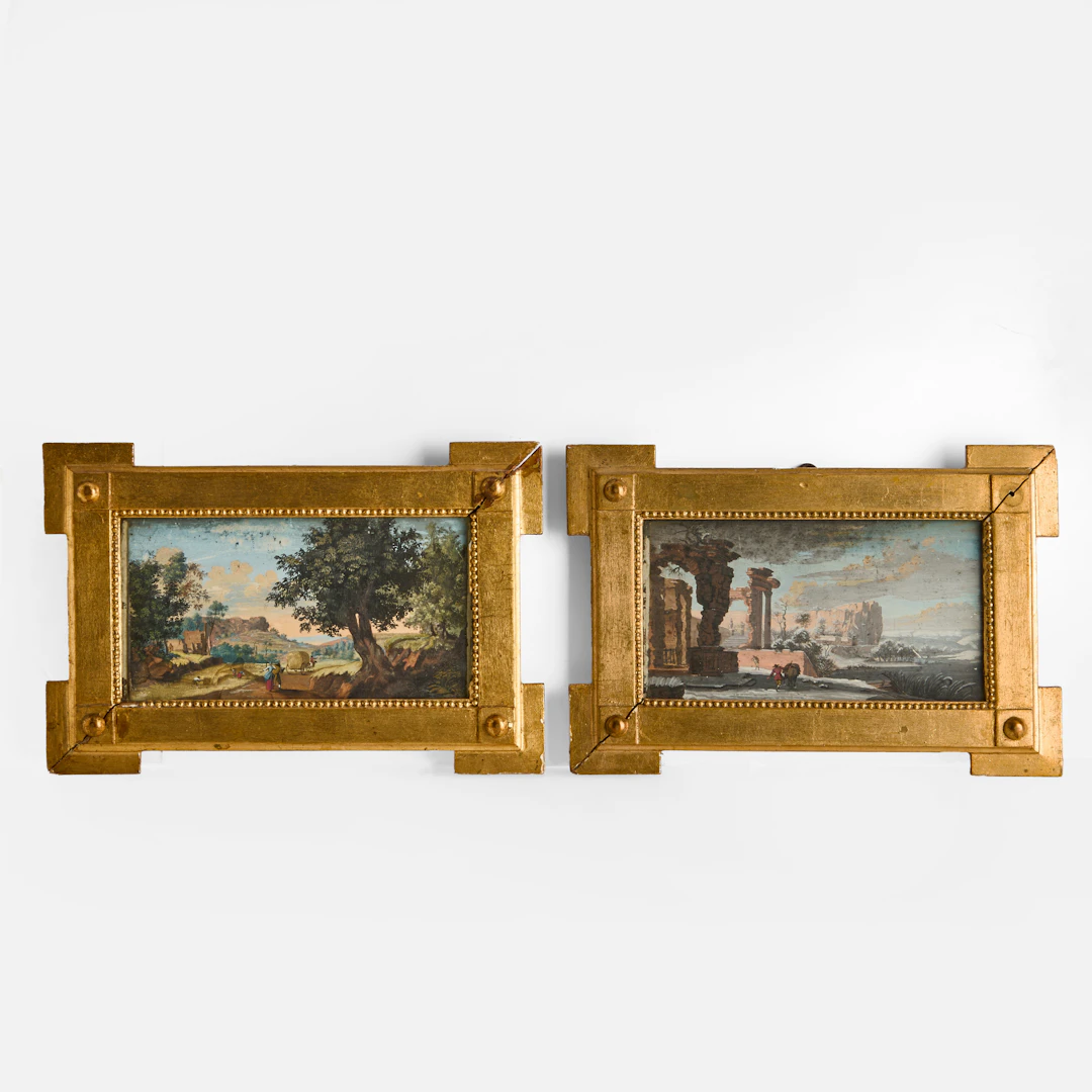 ITALIENSK SKOLA, 1700-tal, (2): Pastorala landskap med ruiner och