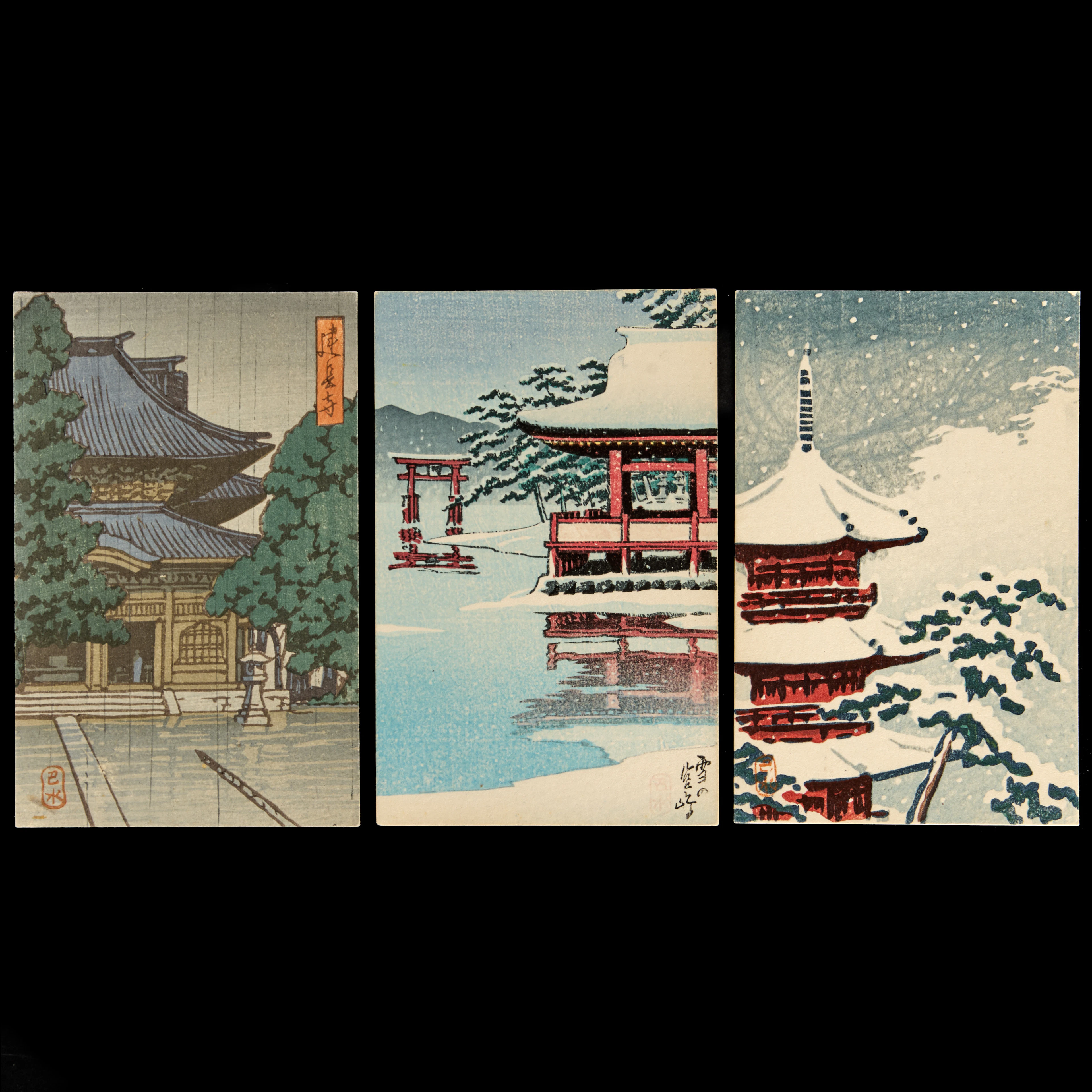 KAWASE HASUI (1883-1957), 3 st, vykort i träsnitt.