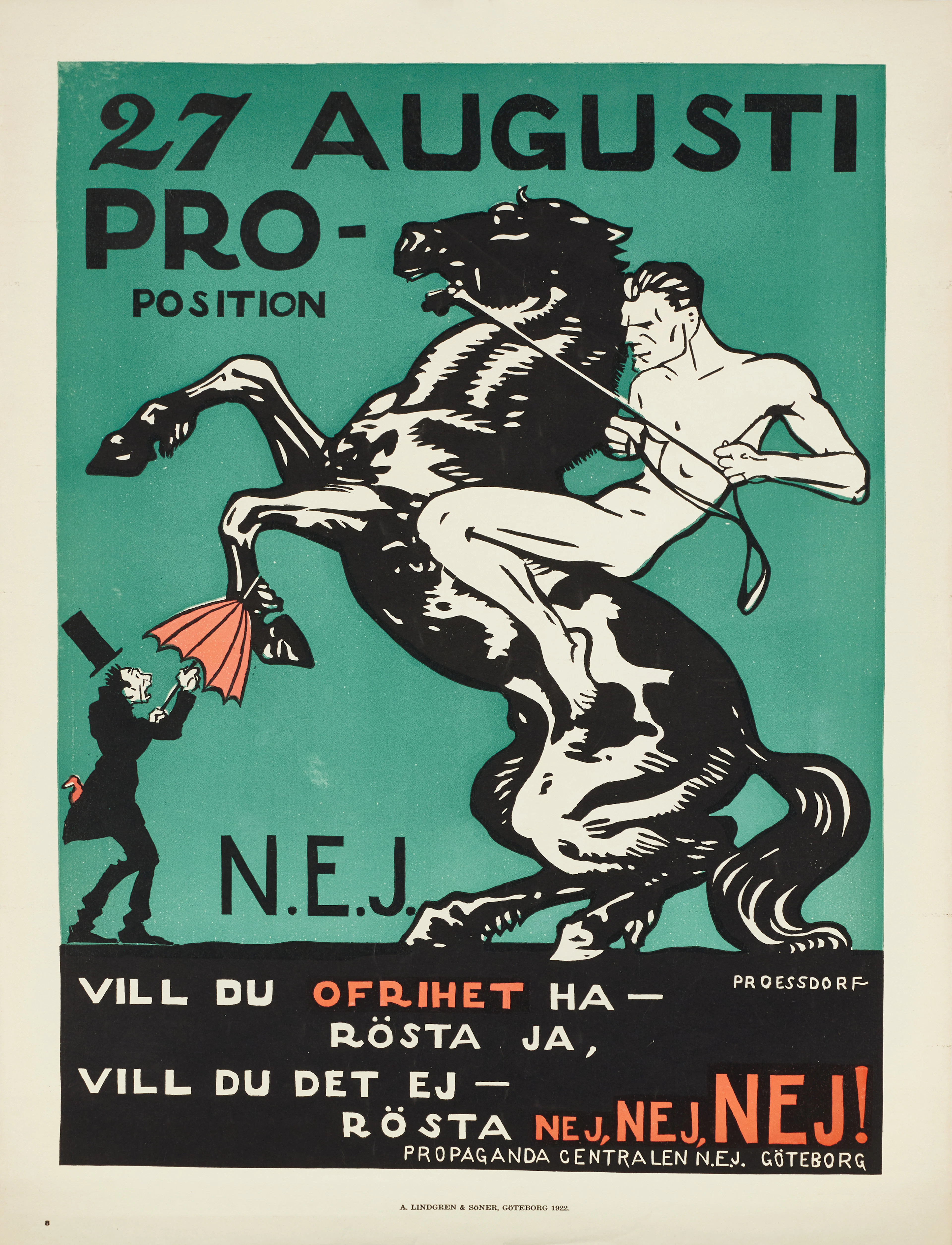 ALFRED PROESSDORF (1882-1925), FÖRBUDSAFFISCH, 1922, ”Vill du ofrihet