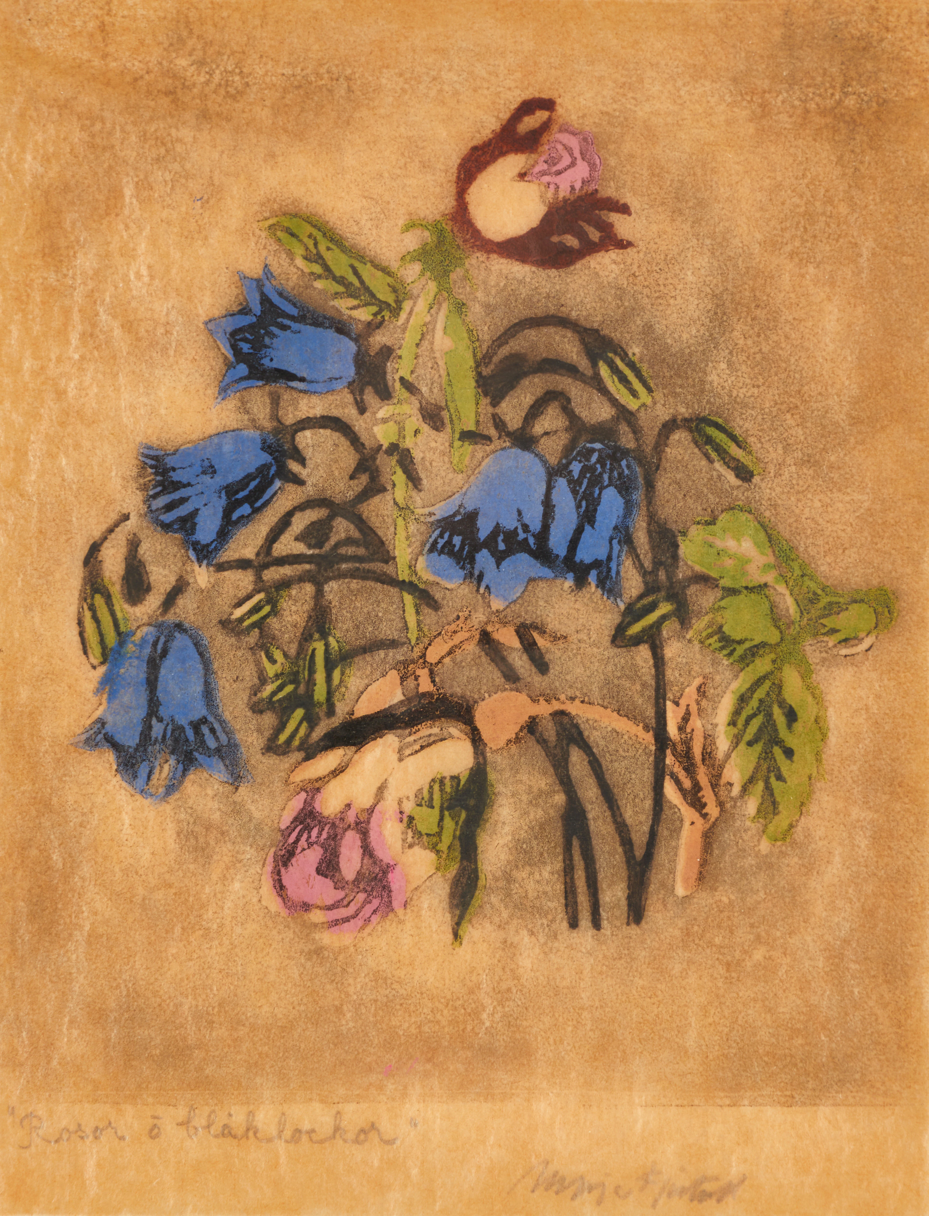 MAJA FJAESTAD (1873-1961). "Rosor och blåklockor", signerad, handtryck