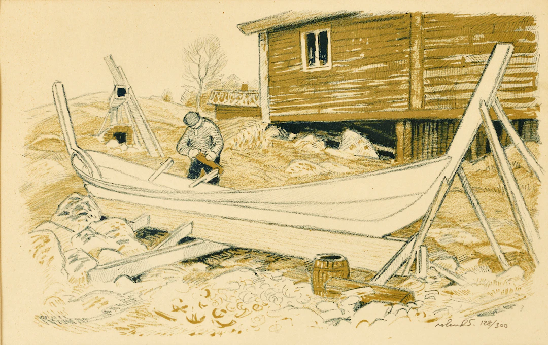ROLAND SVENSSON (1910-2003). Båtbyggaren - Möja, signerad roland S