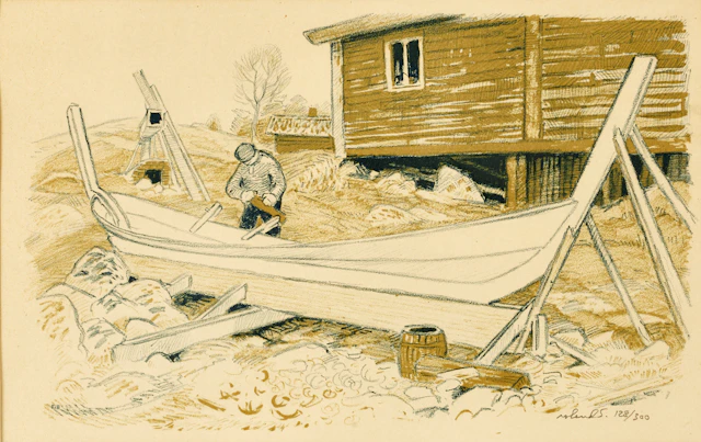 ROLAND SVENSSON (1910-2003). Båtbyggaren - Möja, signerad roland S