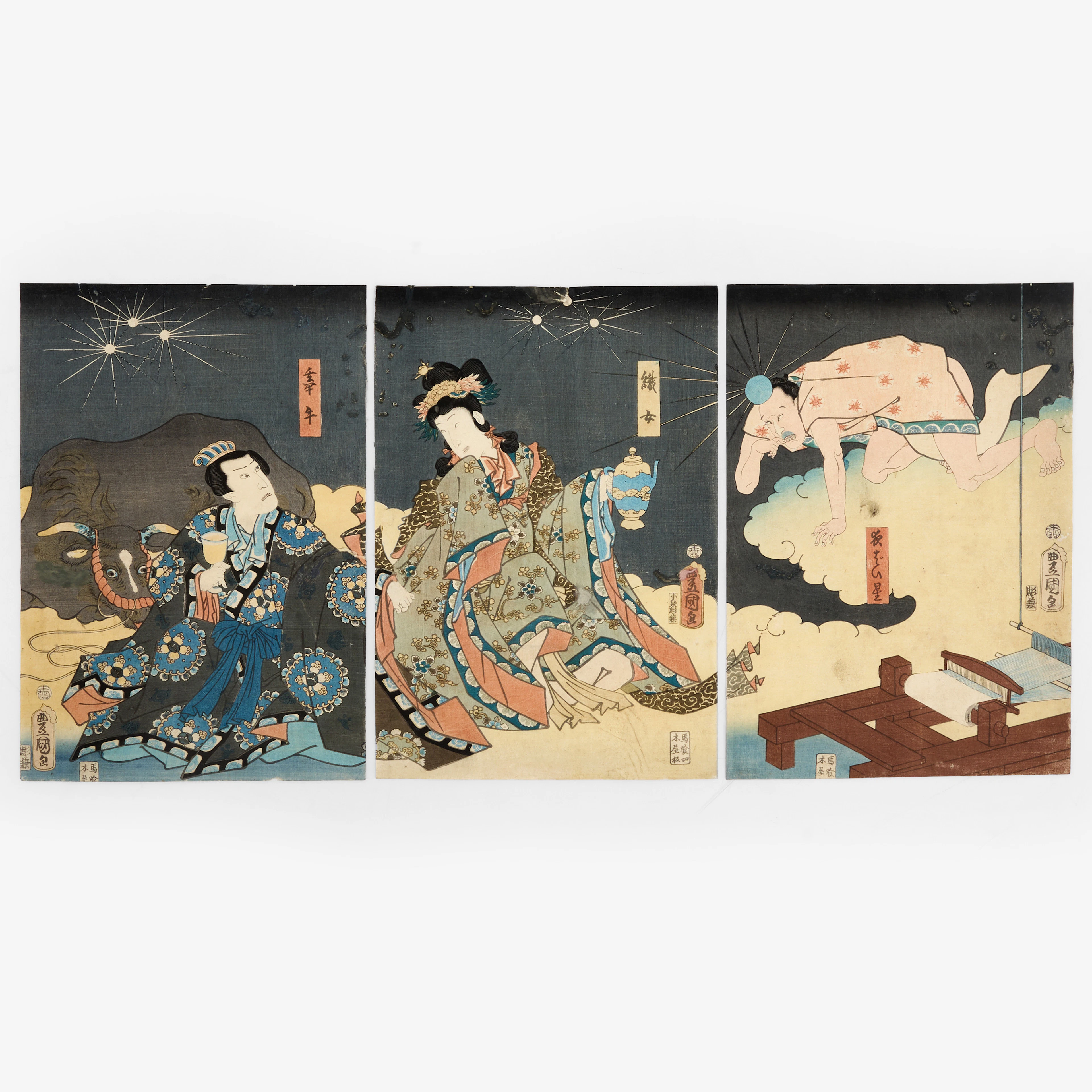 KUNISADA II, Triptyk till skådespel om Tanabata / Den sjunde kvällen, träsnitt.