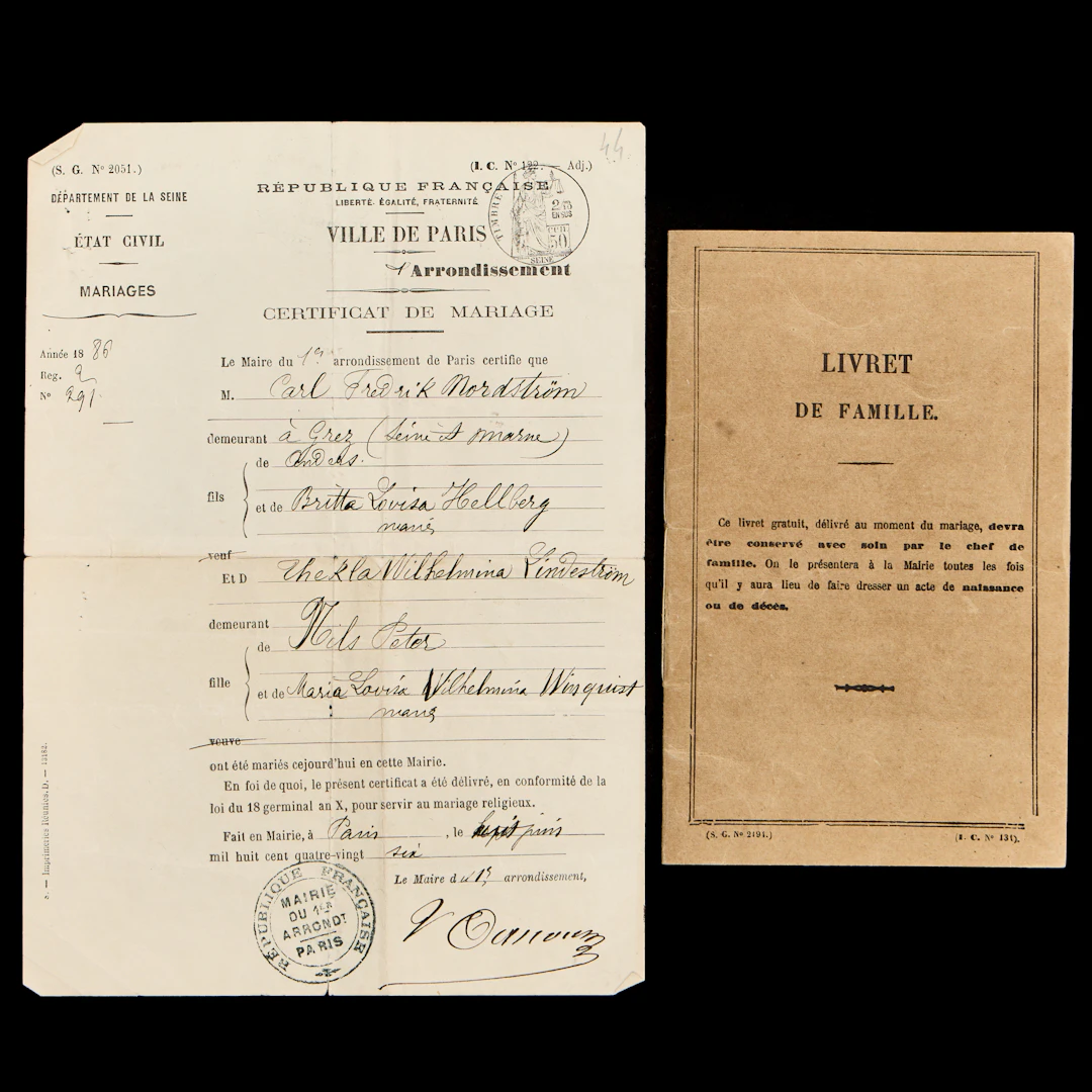 ”CERTIFICATE DE MARIAGE” OCH ”LIVRET DE FAMILLE”. Karl & Tekla Nordströms