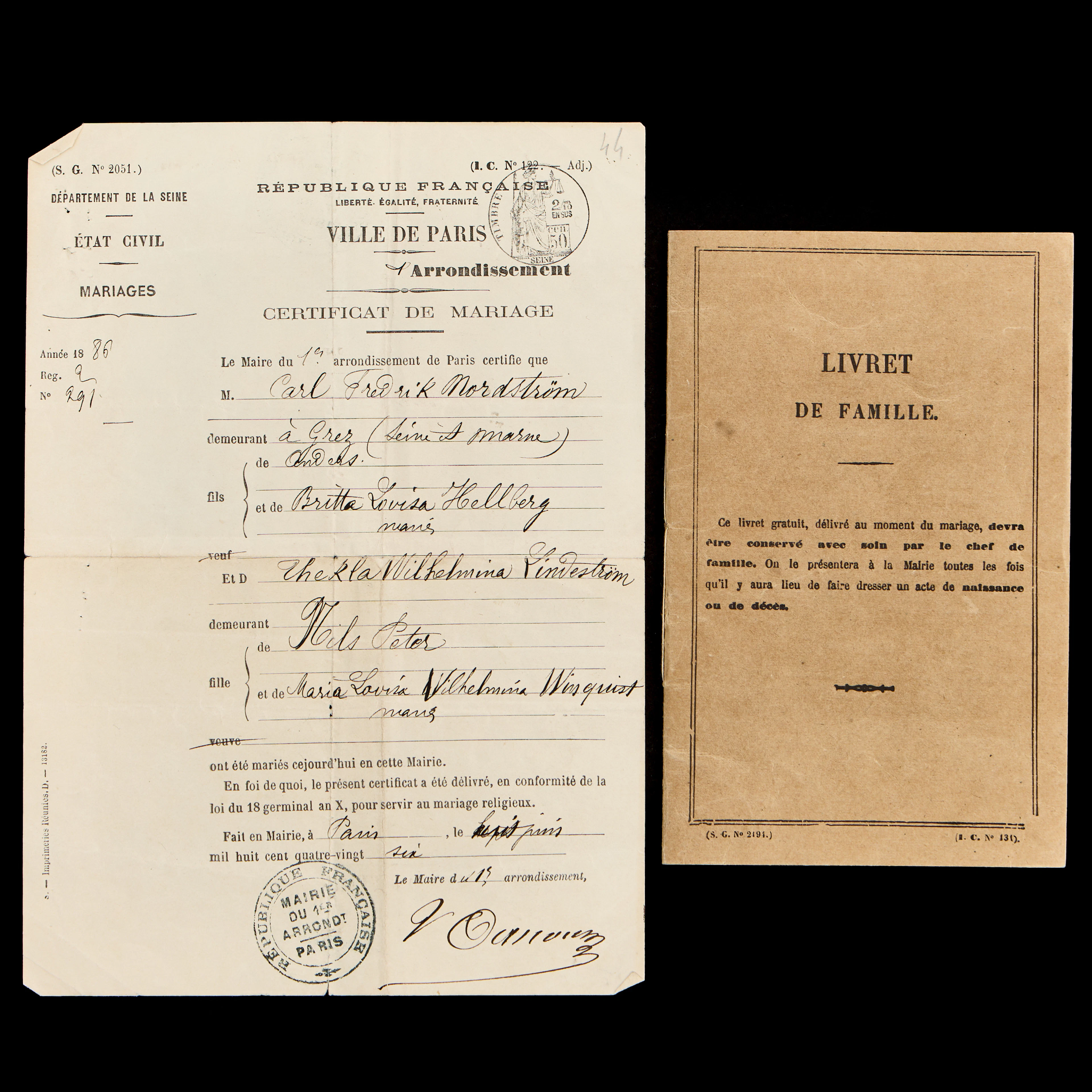 ”CERTIFICATE DE MARIAGE” OCH ”LIVRET DE FAMILLE”. Karl & Tekla Nordströms