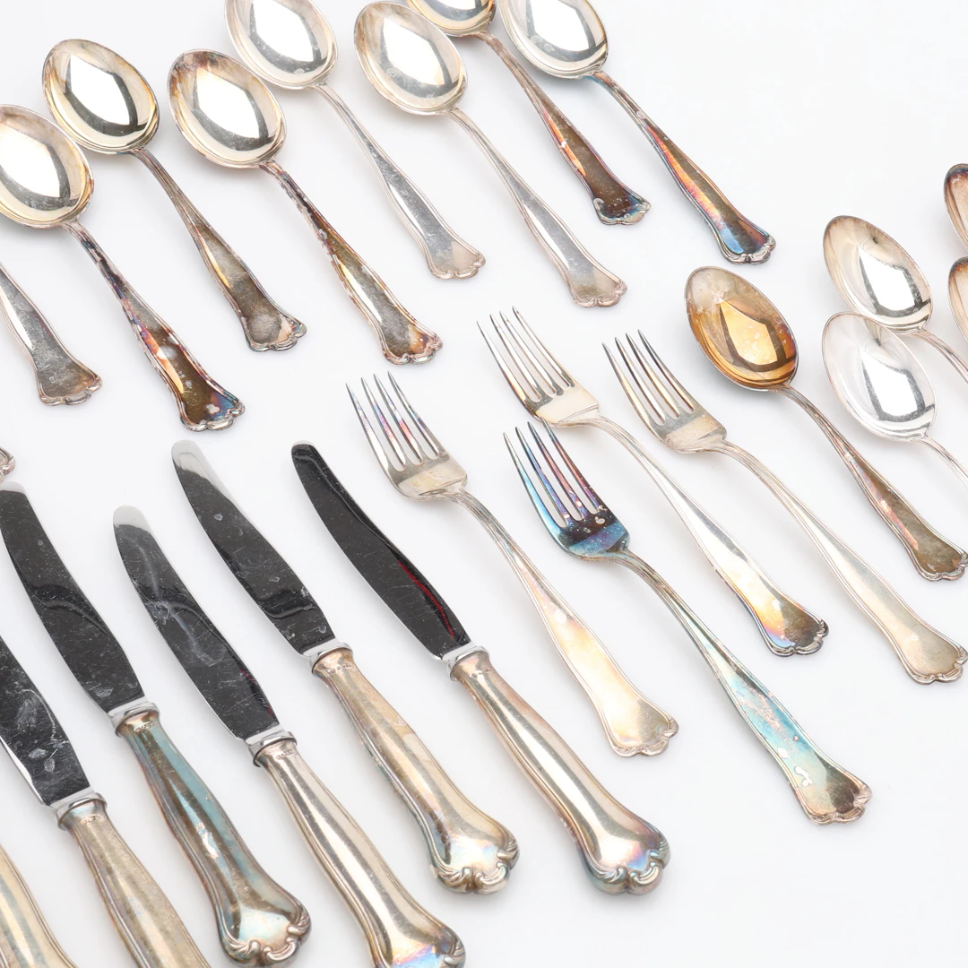 BESTICK, SILVER, 29 DELAR, HALLBERGSMODELLEN KUNGSHOLM, OLIKA TILLVERKARE.
