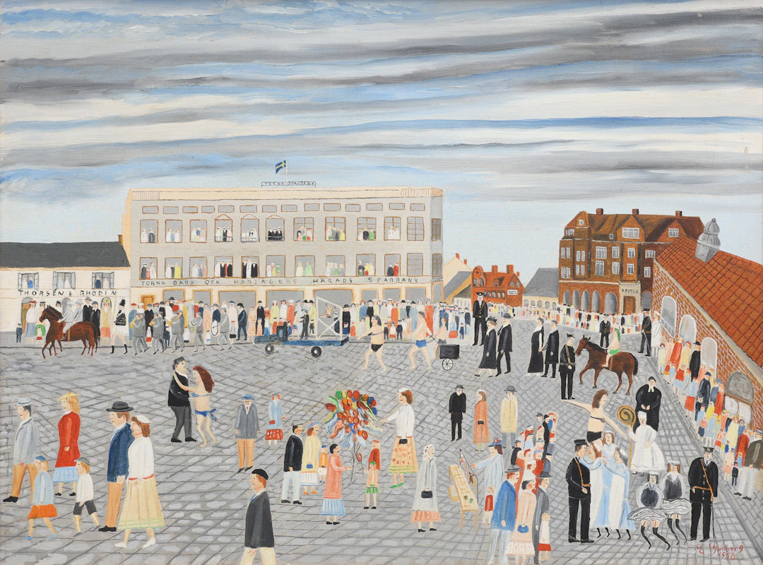 ERNST GULLBERG. "KARNEVAL I LUND", MÅRTENSTORGETS SYDVÄSTRA HÖRN, 1958.