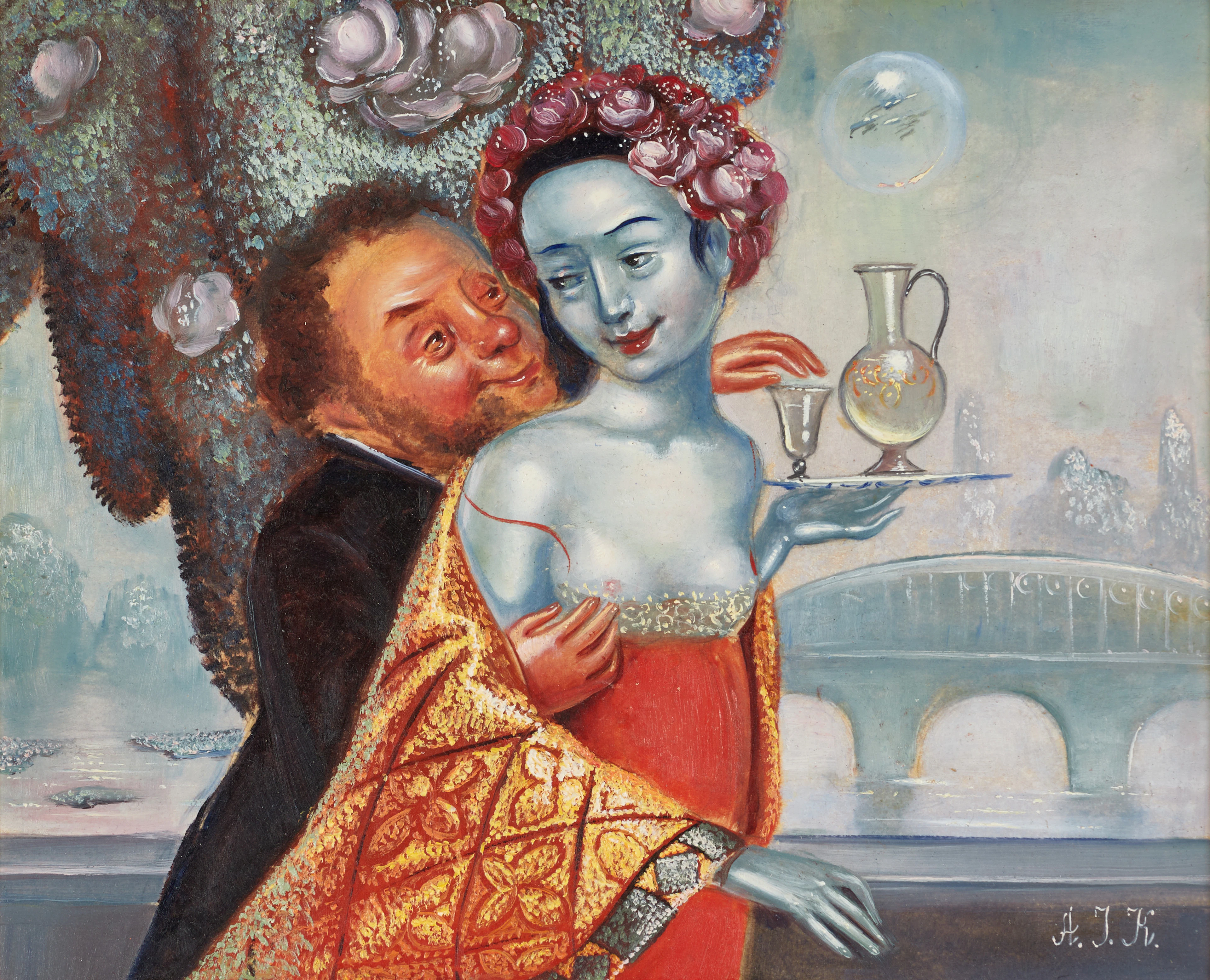 ANNA JALPACHIK.K (Ukraina/Sverige, 1954-2013). Kurtiserande par, monogramsignera