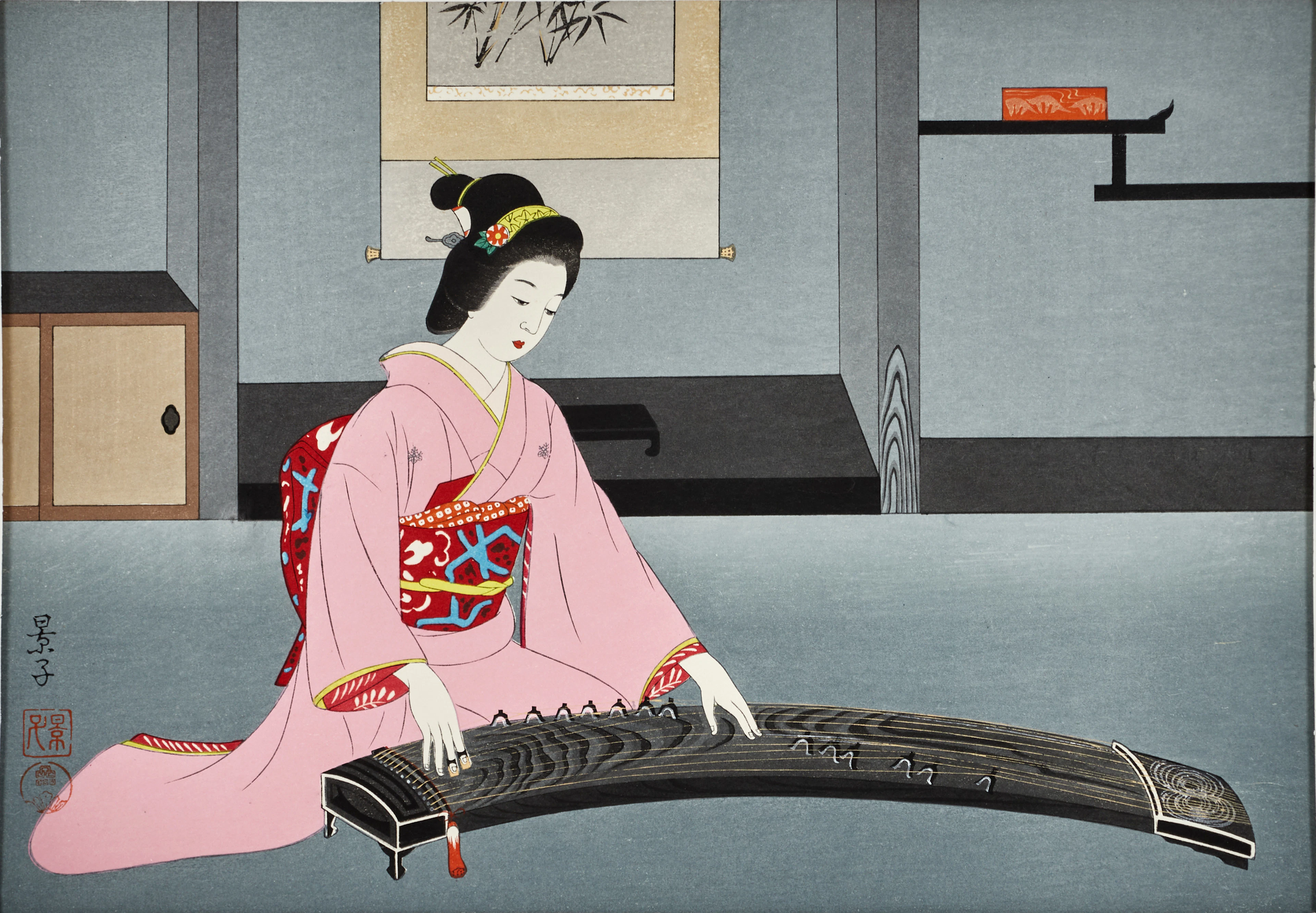 KEIKO YURIMOTO (Japan 1906-2000), Playing the koto, träsnitt, 1950-tal.