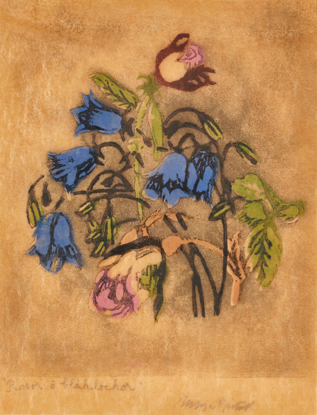 MAJA FJAESTAD (1873-1961). "Rosor och blåklockor", signerad, handtryck