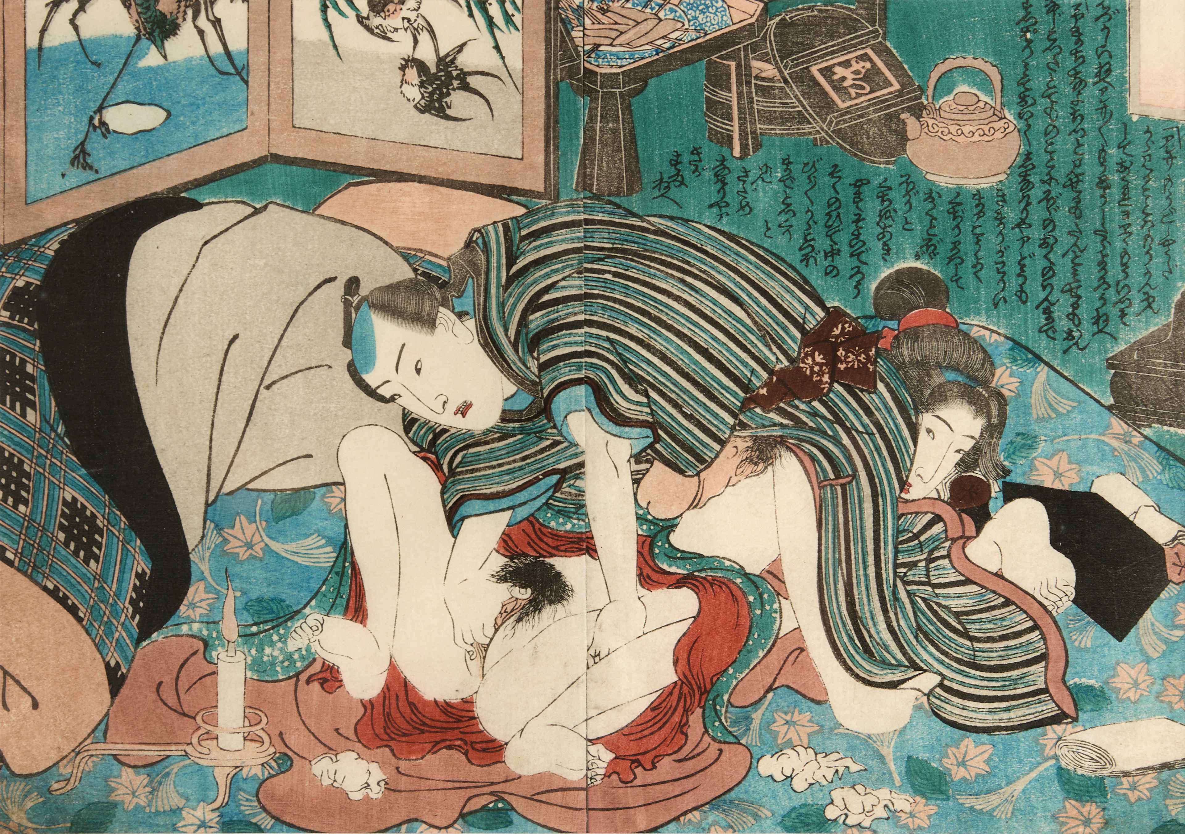 SHUNGA, troligen Kunisada (1786-1865), shungabild ur e-hon/bok, träsnitt