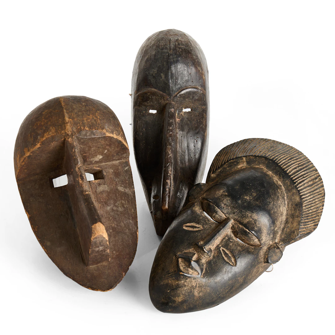 DANSMASKER, 3 st, Elfenbenskusten, Warega, Dan, Baule, 1900-talets senare del.