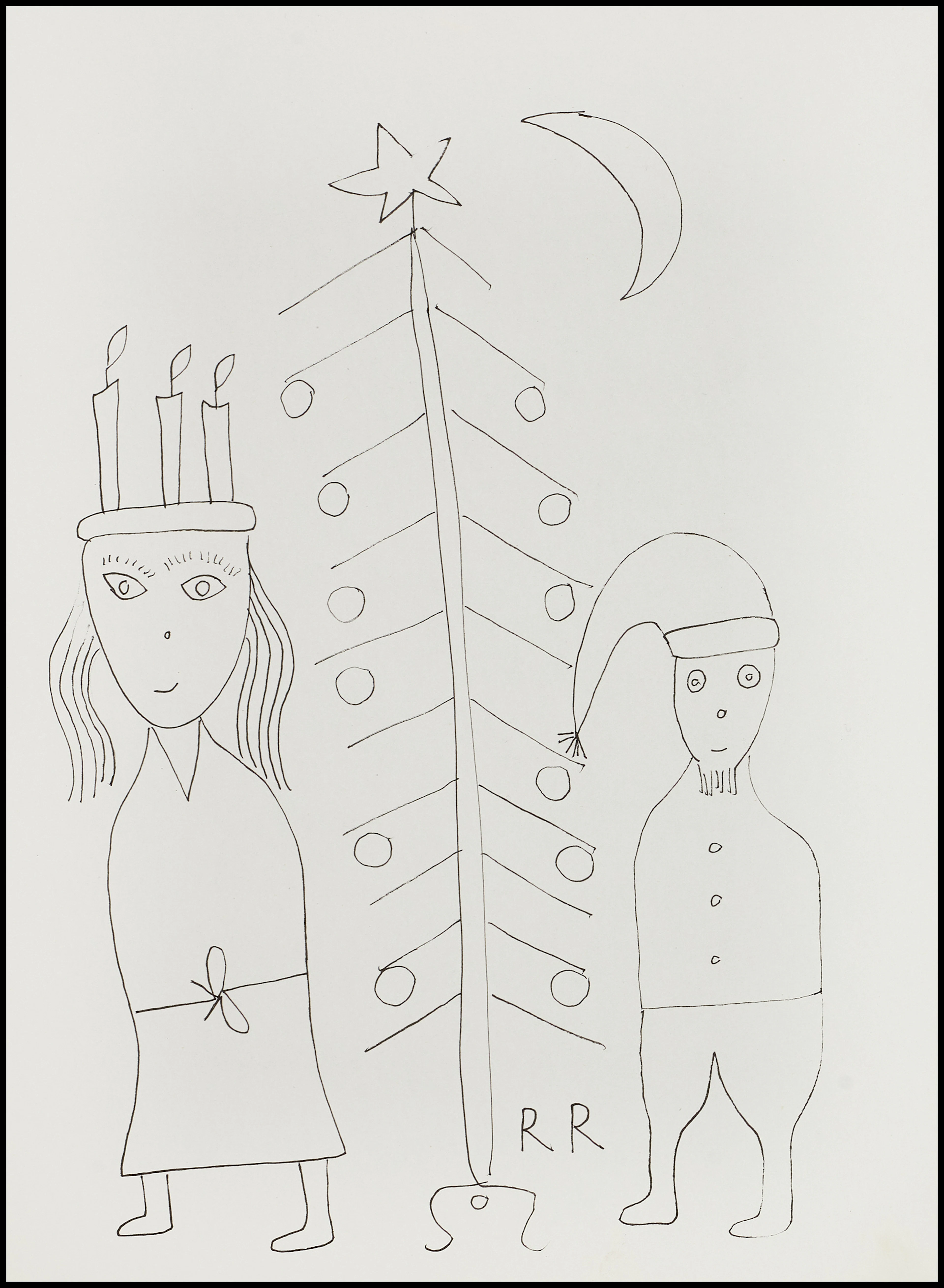 ROGER RISBERG (1956–2011), Tomte och Lucia, monogramsignerad RR, tuschteckning