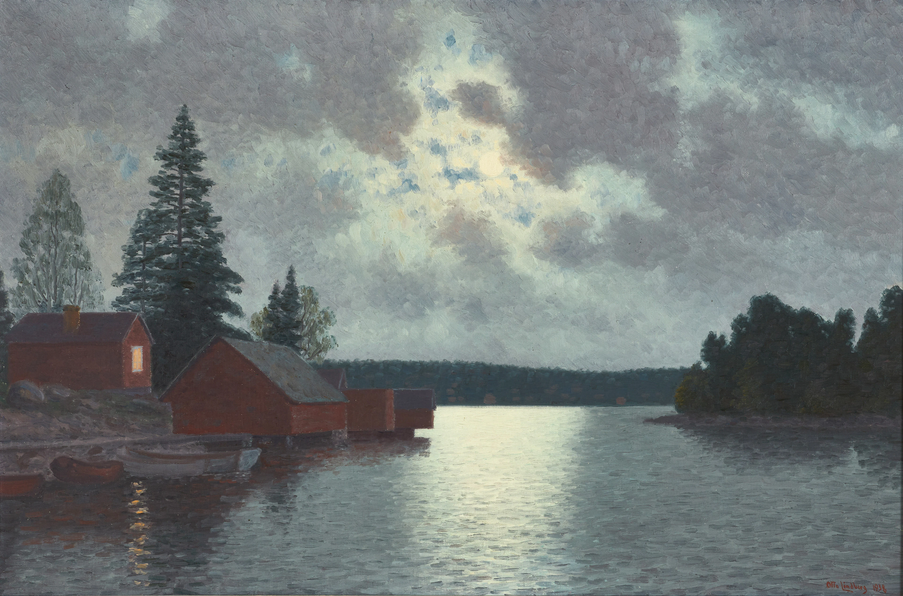 OTTO LINDBERG (SVERIGE 1880-1955). Månbelyst landskap, signerad, olja på duk.