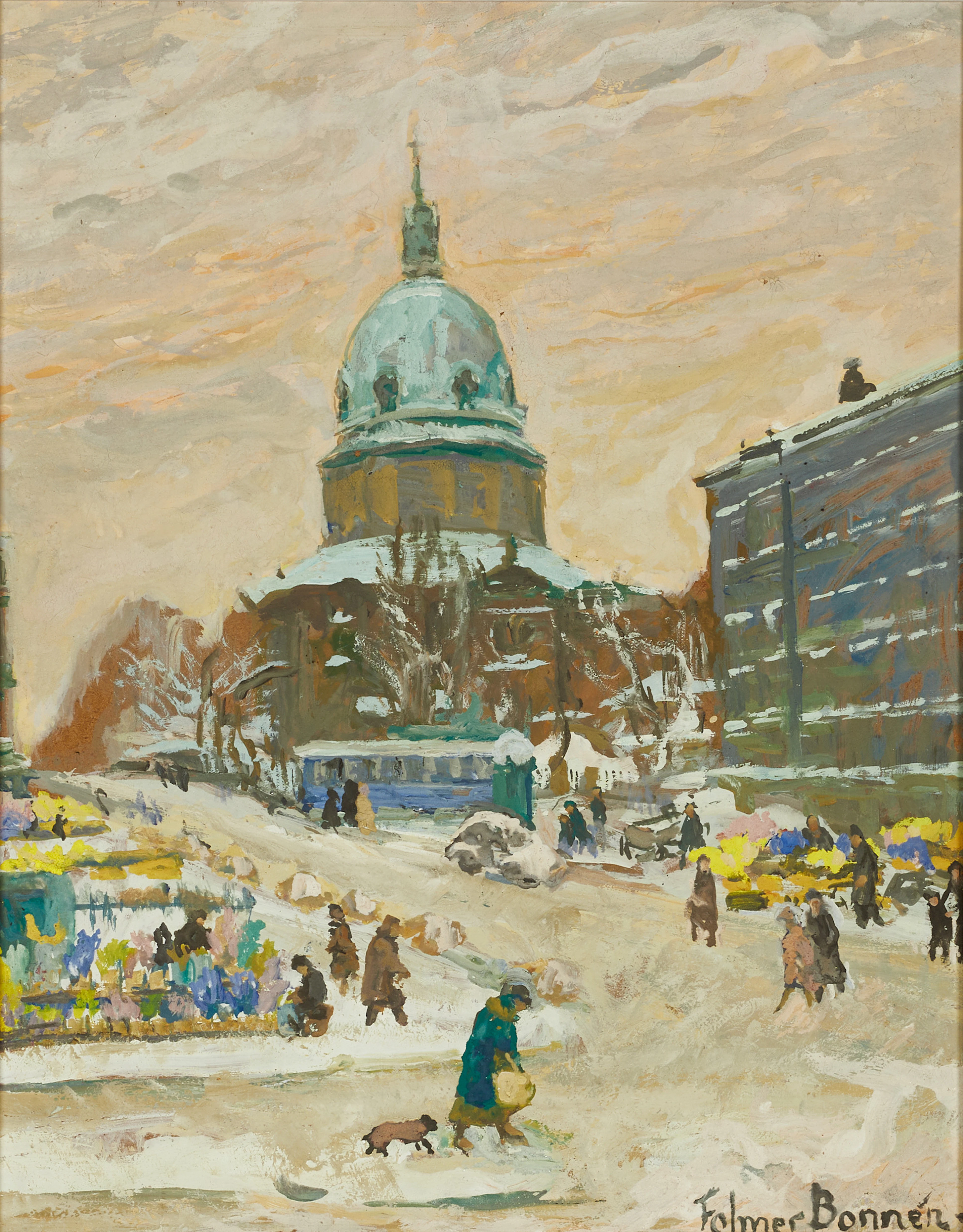 FOLMER BONNÉN (1885-1960). Torghandel med Hedvig Eleonora Kyrka i