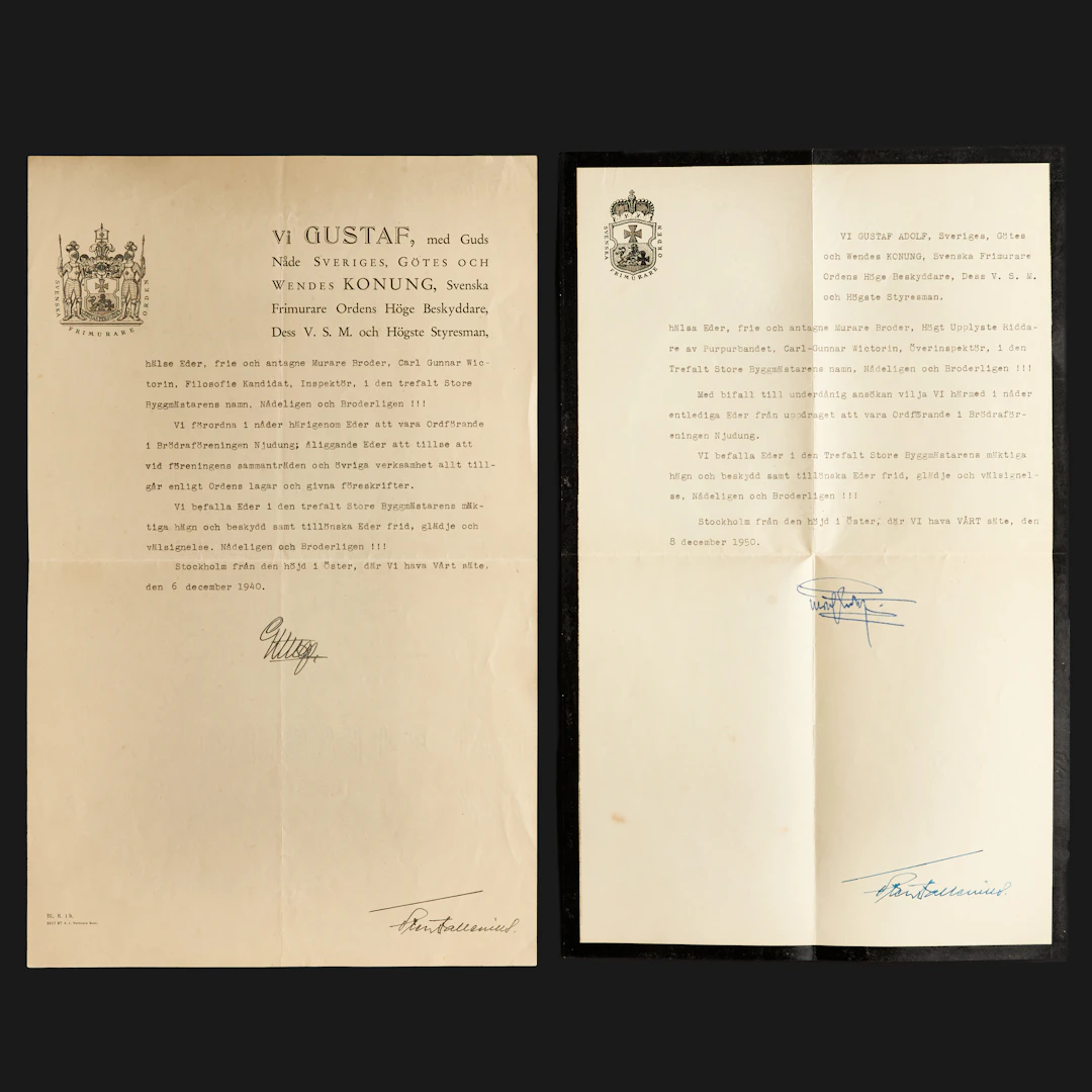 HANDSKRIFTER, GUSTAV V, GUSTAV VI ADOLF, SVENSKA FRIMURARE ORDEN, (2 st).