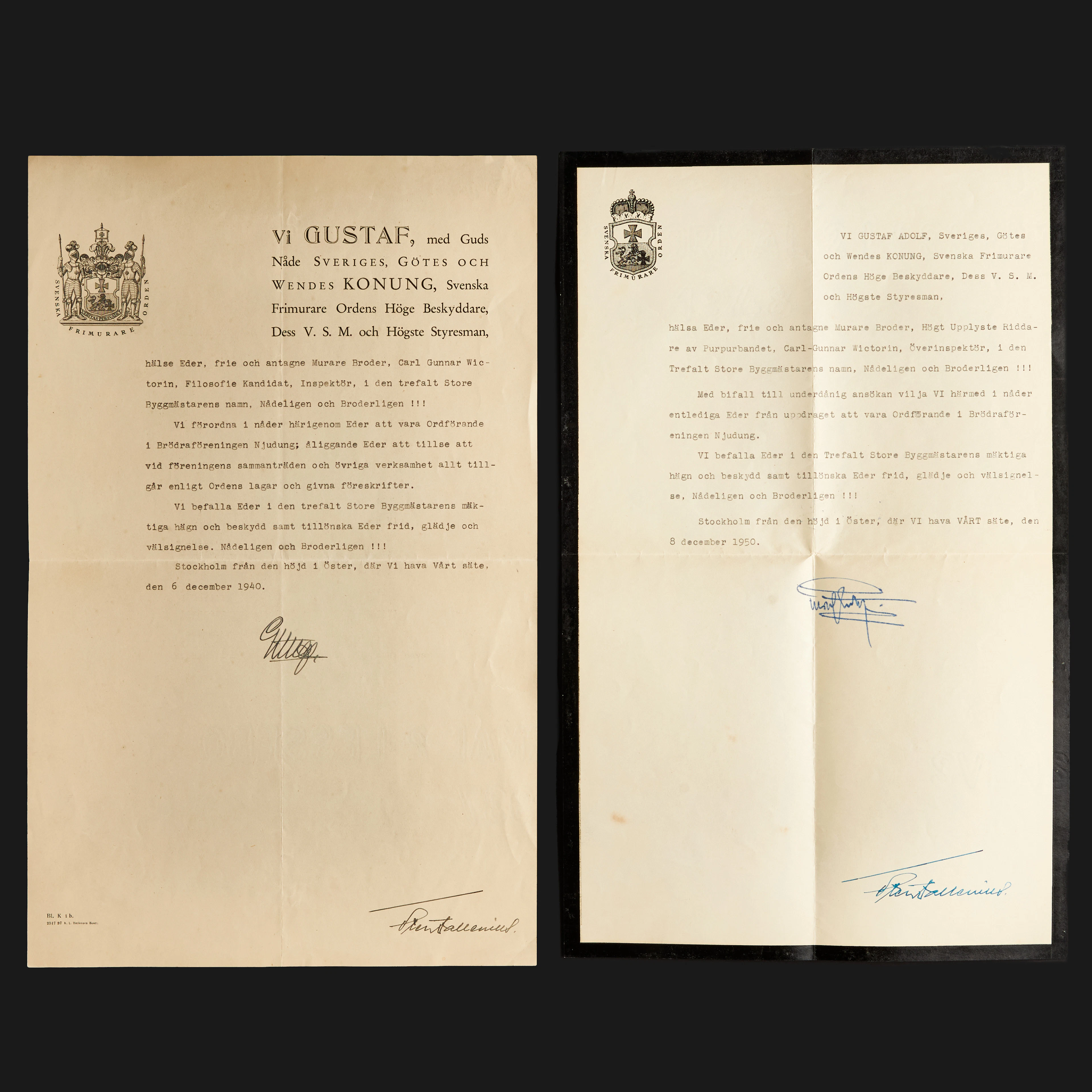 HANDSKRIFTER, GUSTAV V, GUSTAV VI ADOLF, SVENSKA FRIMURARE ORDEN, (2 st).