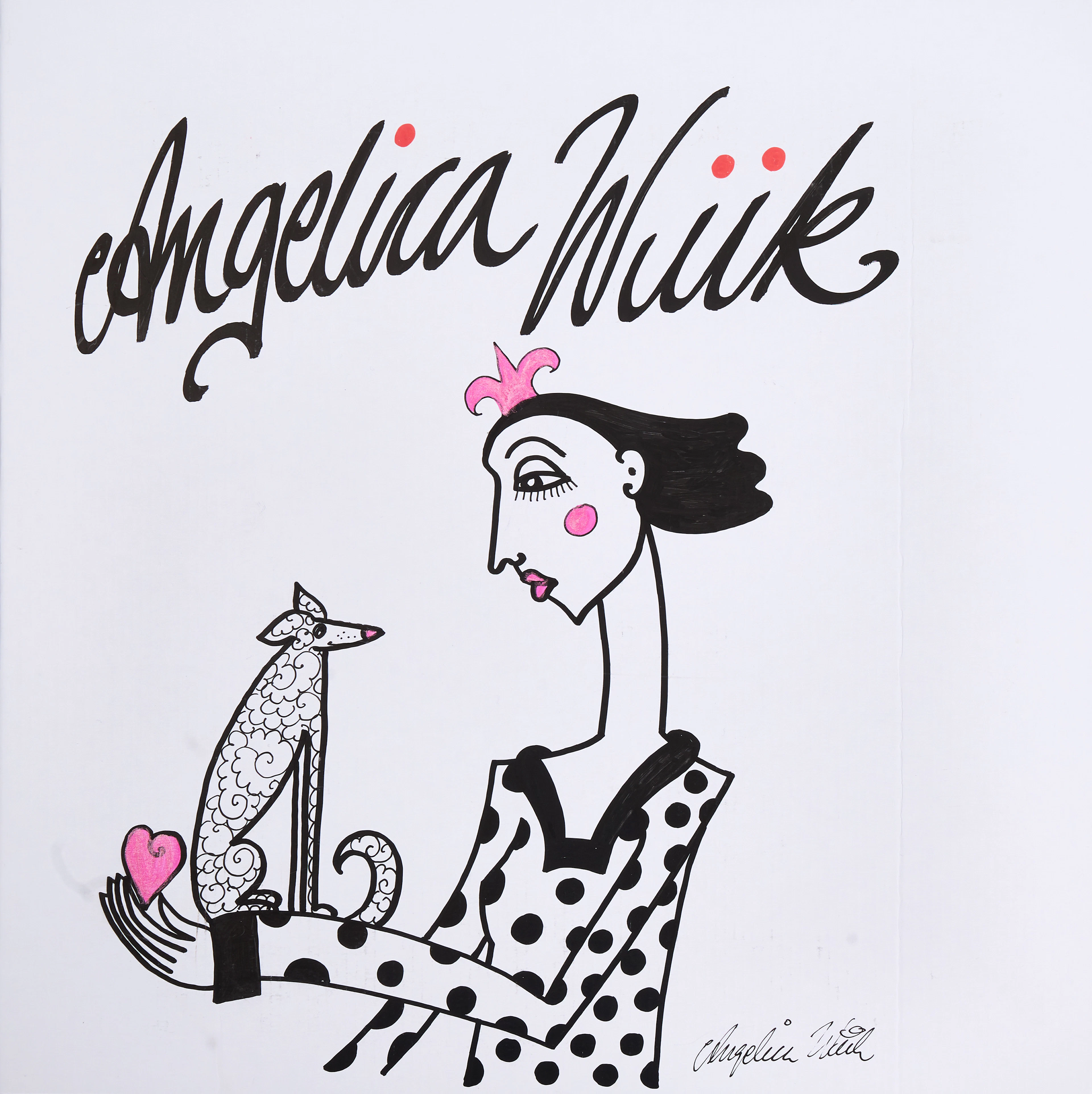 ANGELICA WIIK (Sverige, född 1960), Kvinna med hund, signerad, tusch