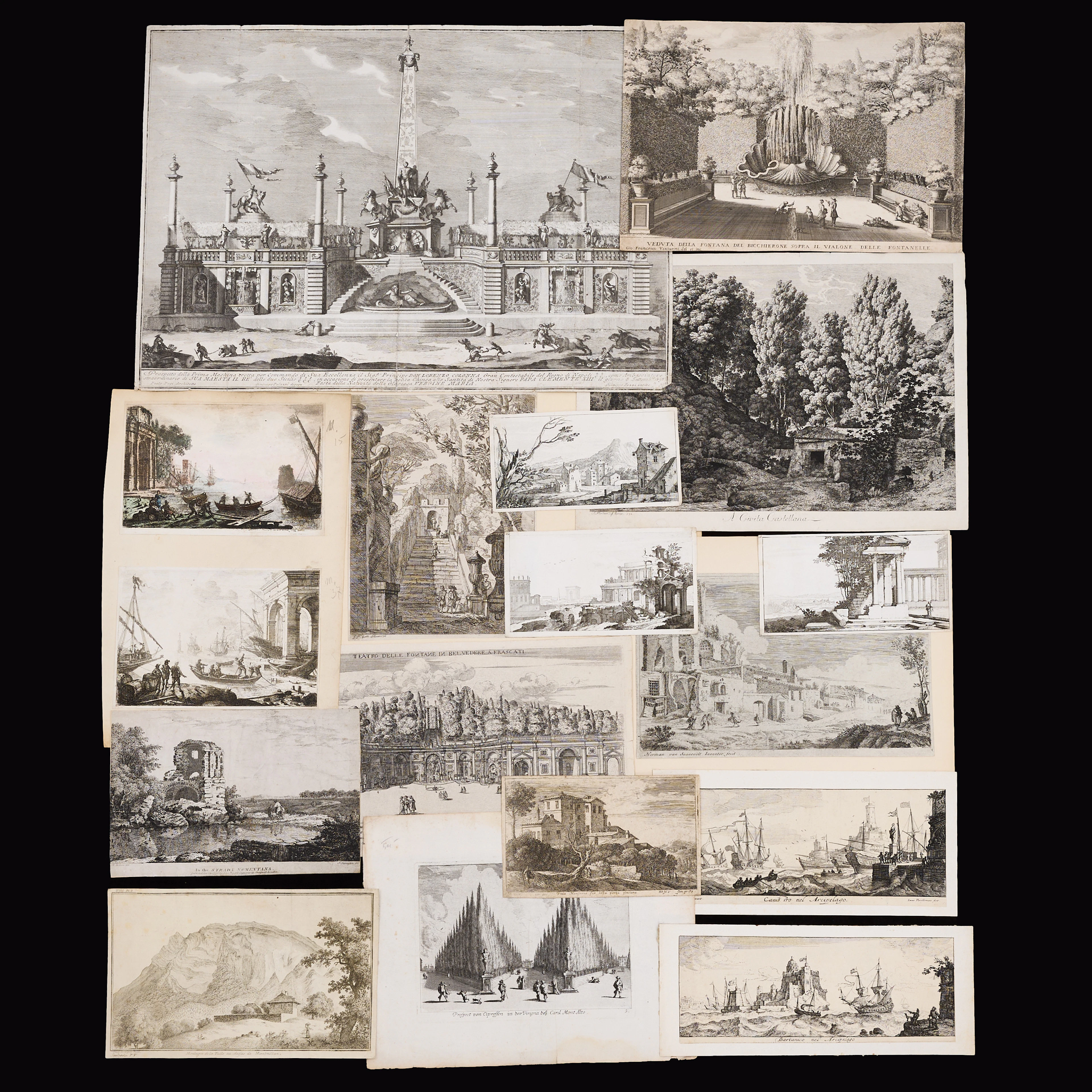 SAMLING KOPPARSTICK/ETSNINGAR (17), landskap, hamn- och trädgårdsmotiv