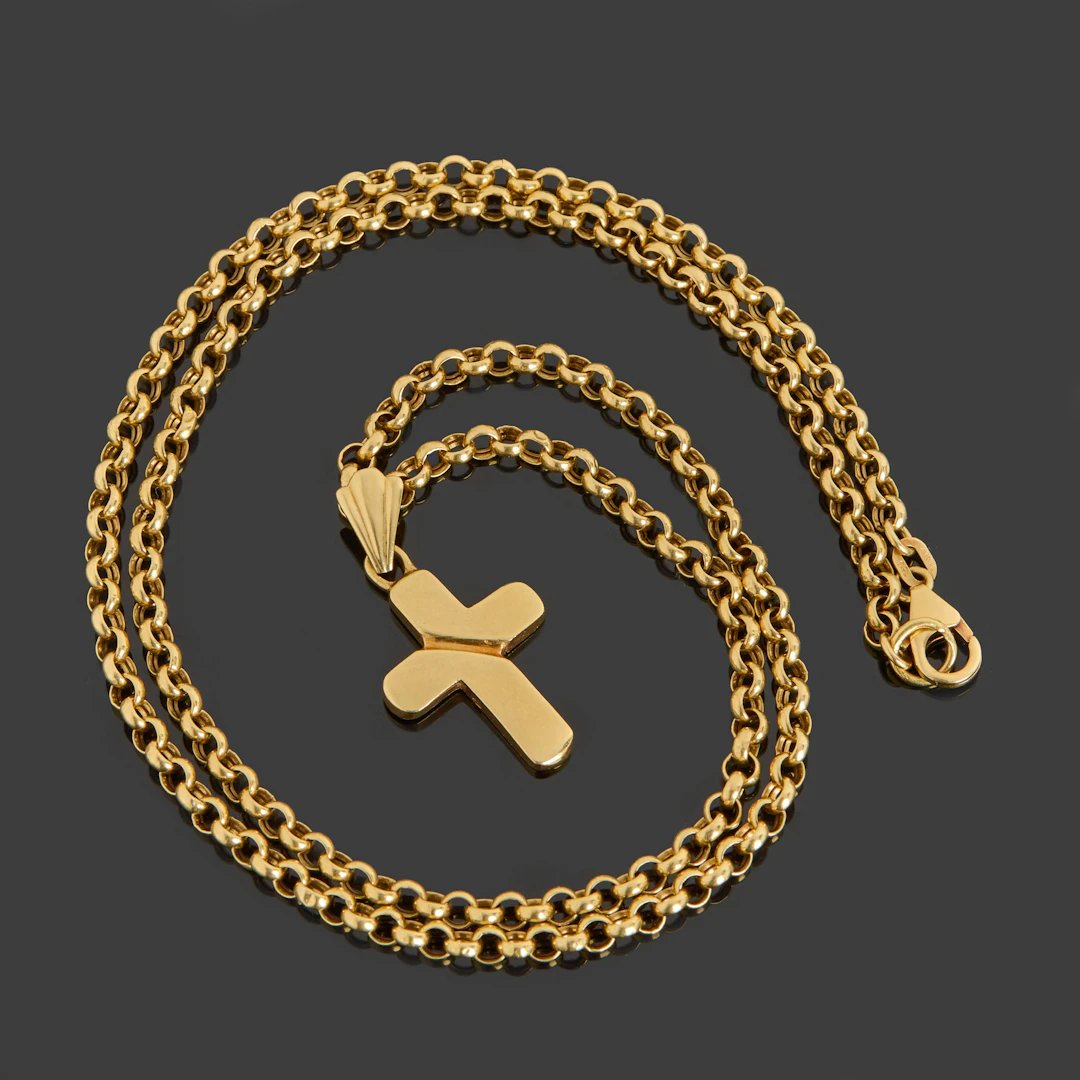 HALSKEDJSA MED HÄNGE, 18k guld, ärt-länk med ett hänge i form av ett kors.