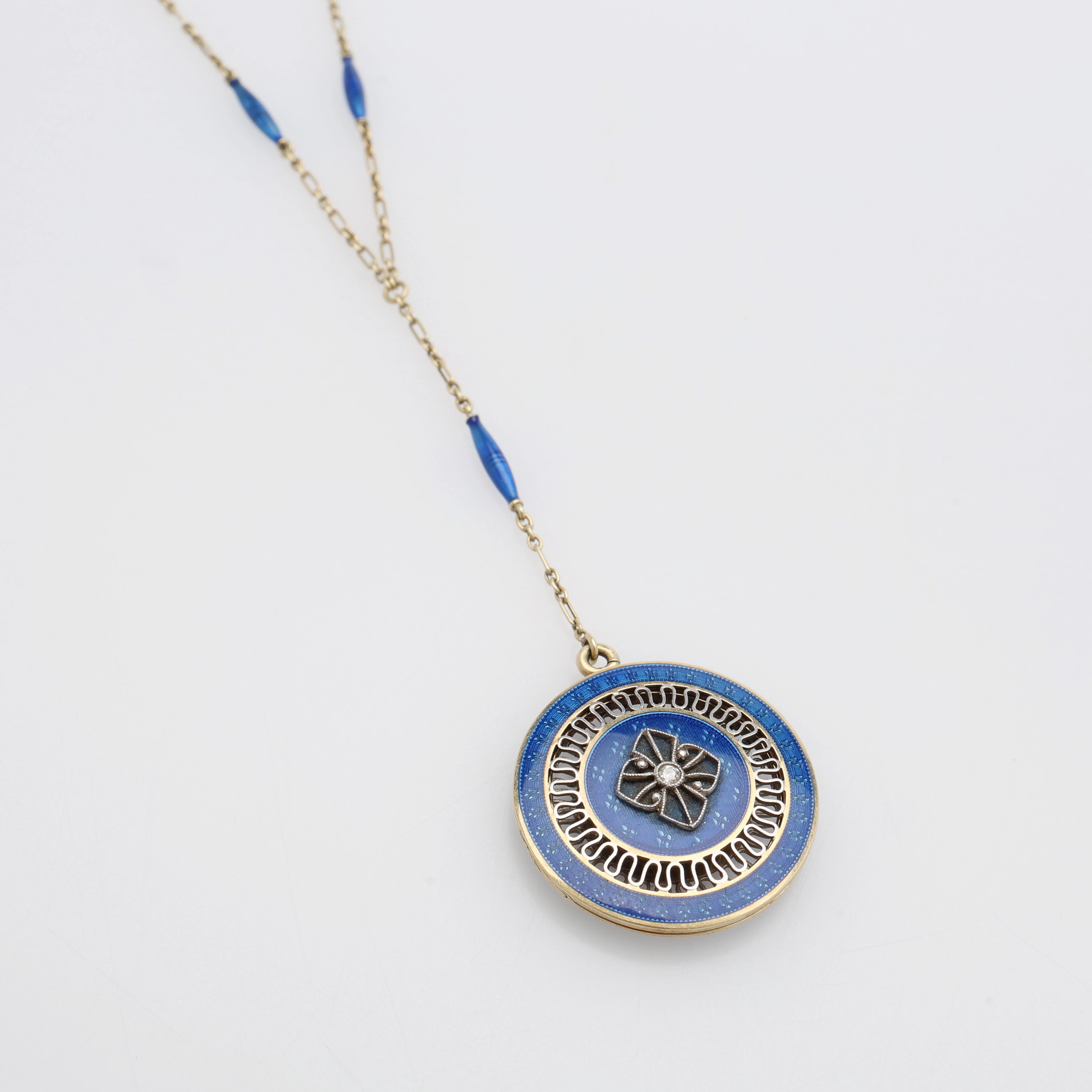 COLLIER MED VINAIGRETTE, 14K GULD, BLÅ EMALJ & LITEN VIT SAFIR, CARTER