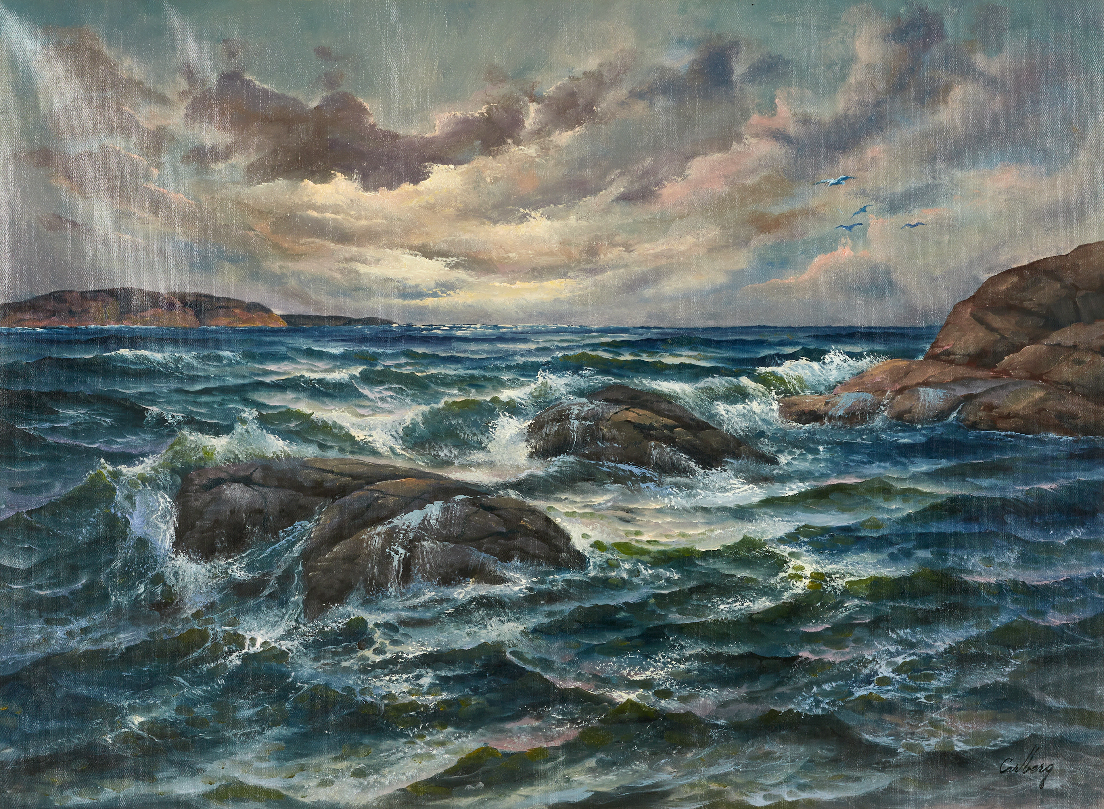 ERIK CARLBERG (1911-2003). Vågor mot klippor, signerad Carlberg, olja på duk.