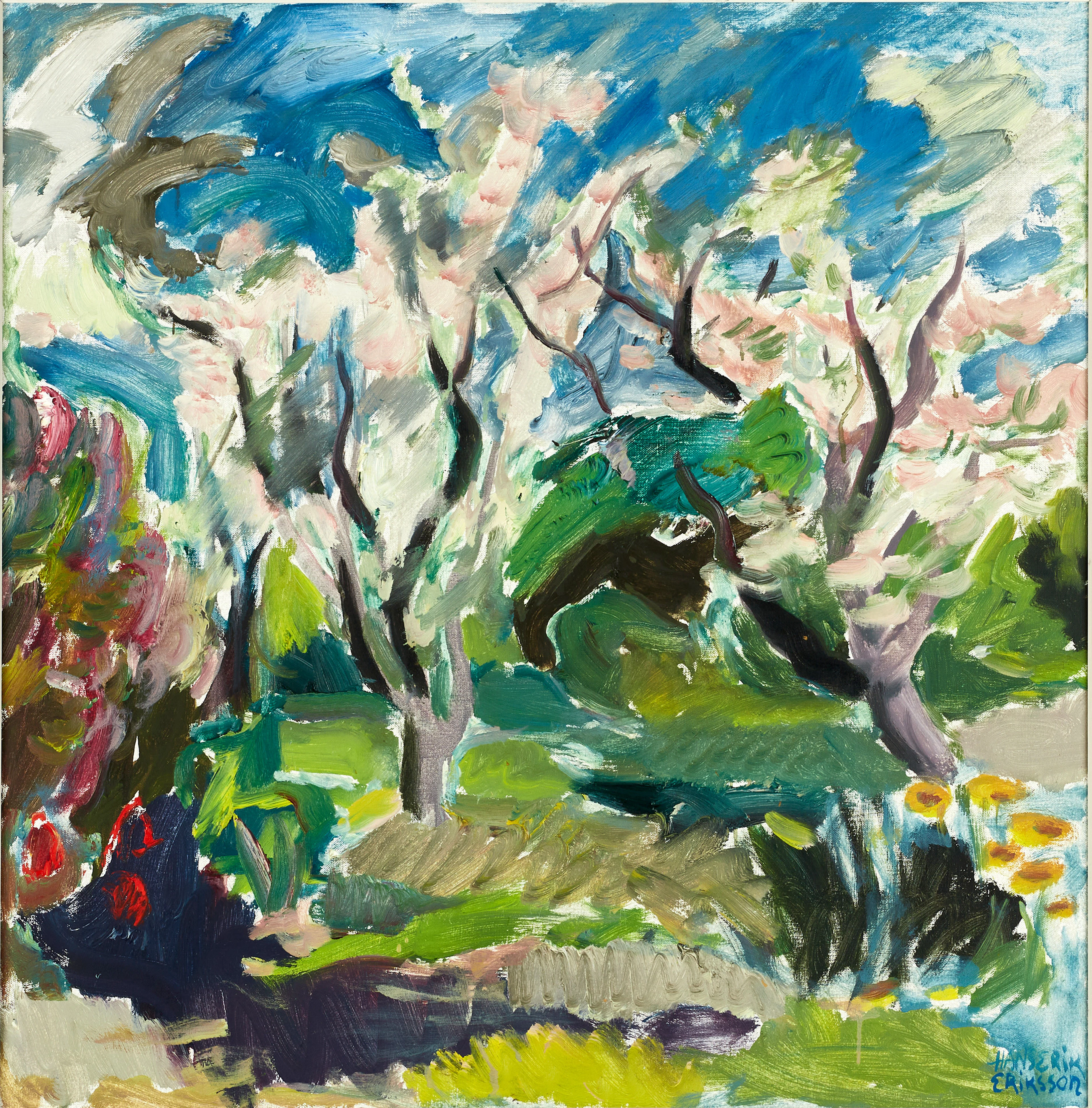 HANS-ERIK ERIKSSON (1921–1998). Blommande fruktträd, signerad, olja på duk.