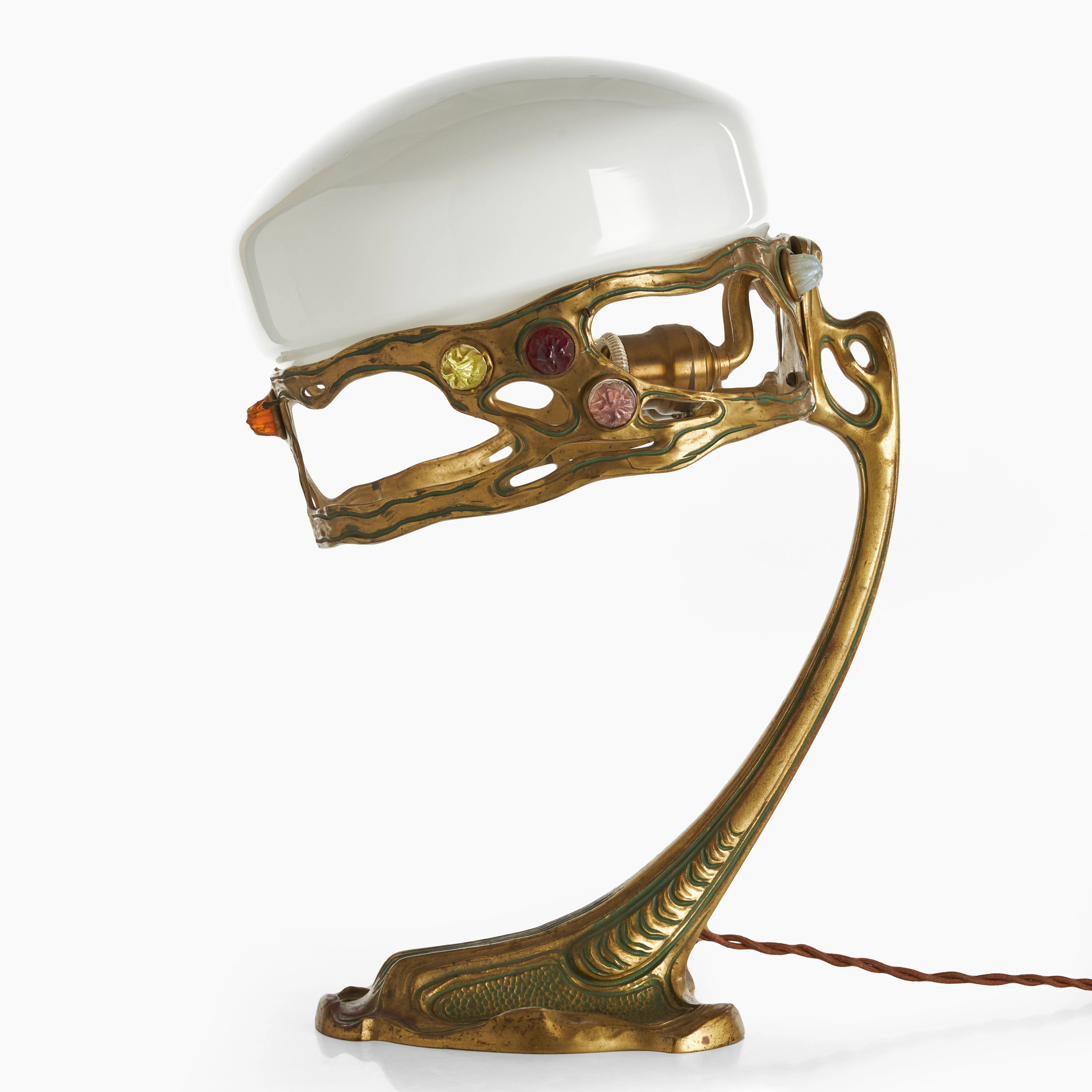 BORDSLAMPA, jugend, tidigt 1900-tal, Fot i brons med infällda glasstenar