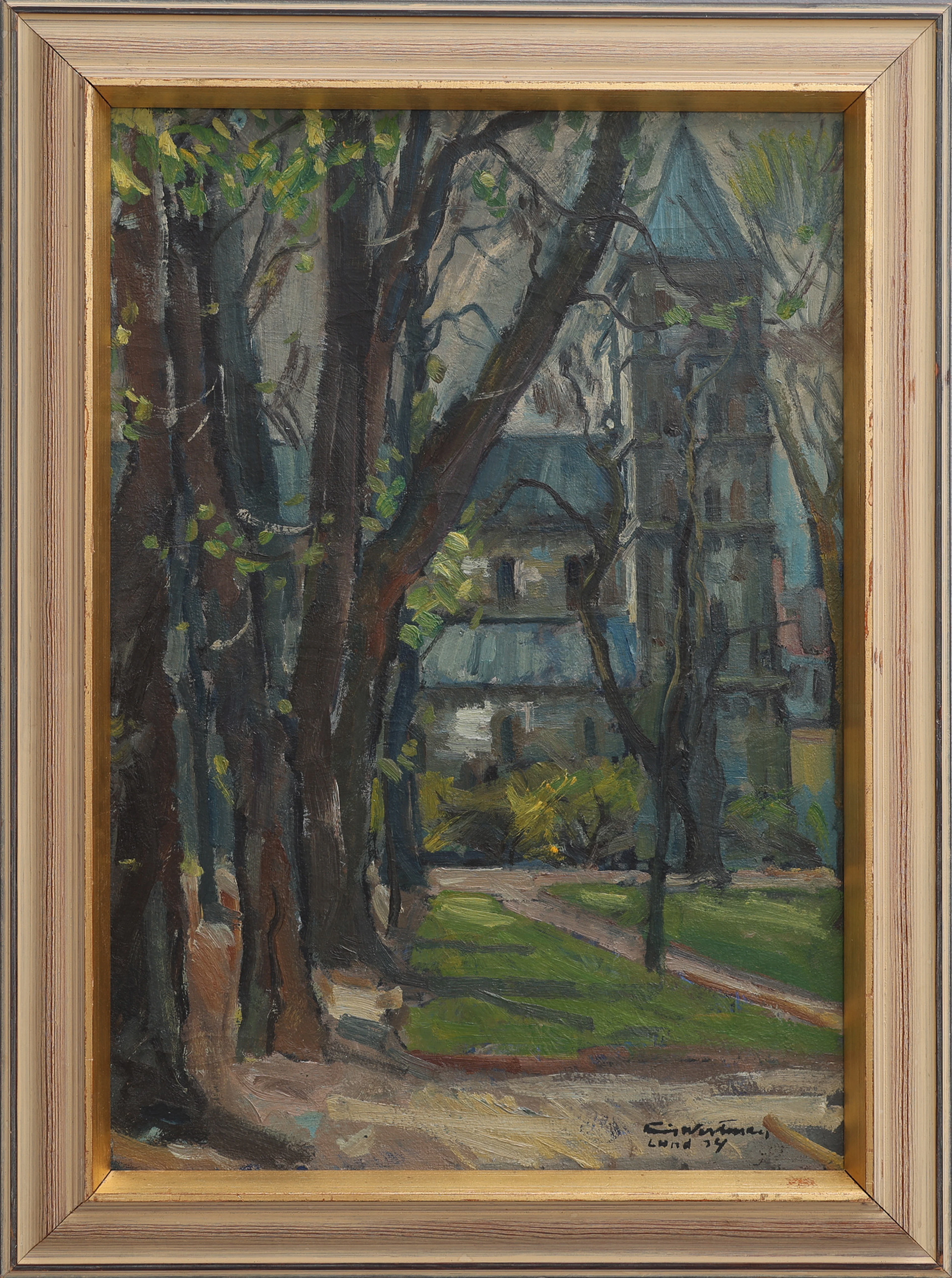 EMIL WESTMAN (1894-1935). DOMKYRKAN SEDD GENOM LUNDAGÅRD FRÅN NORR, 1944.