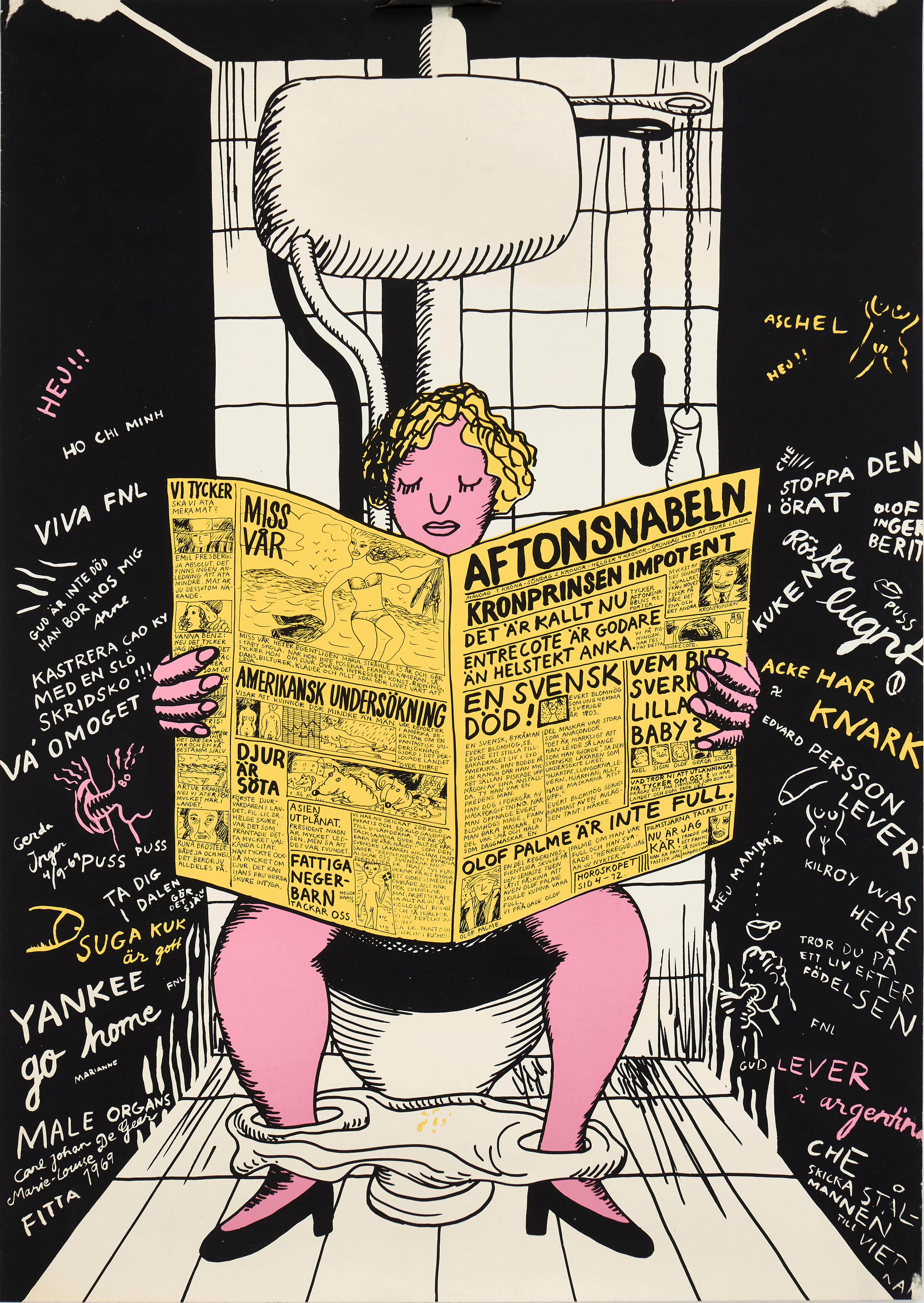 MARIE-LOUISE EKMAN (DE GEER). "På toaletten/Aftonsnabeln", 1969, affisch