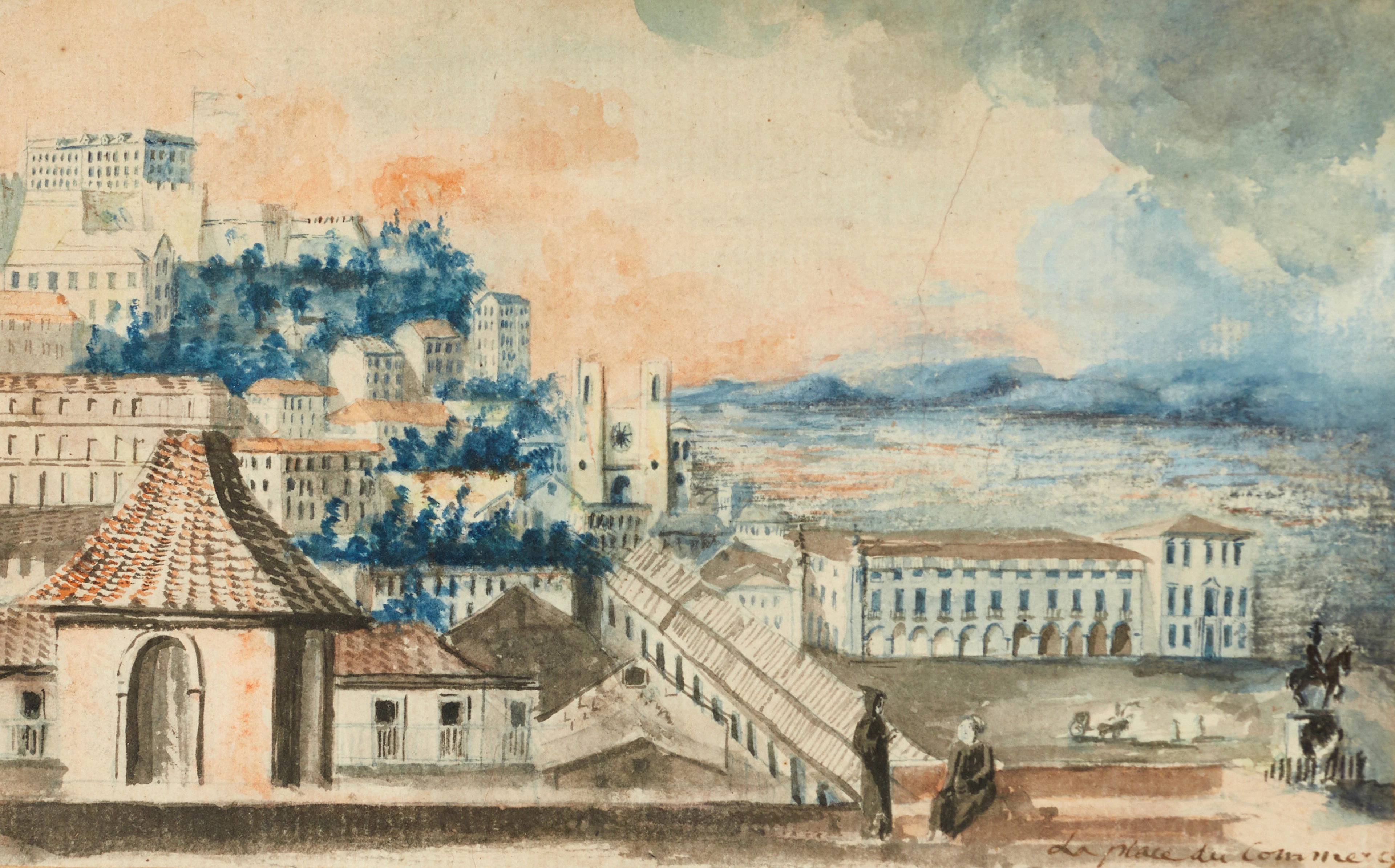 OKÄND KONSTNÄR (omkring 1800). Motiv från La Place du Commerce, Lissabon