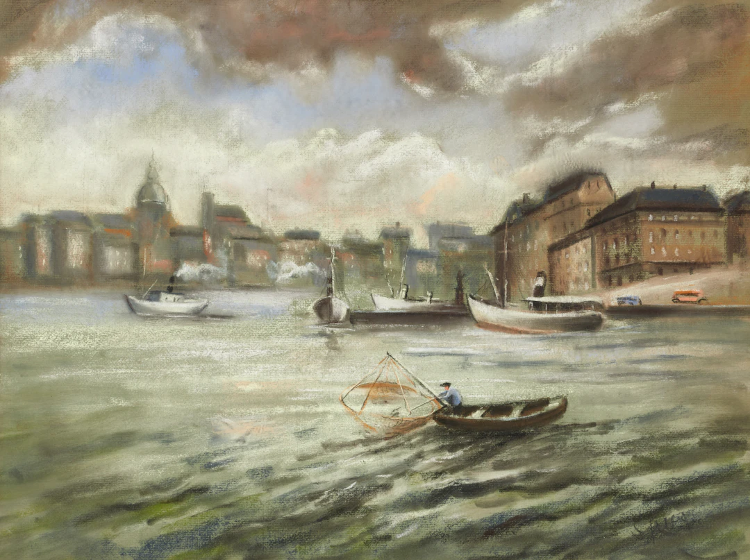 SIGFRID FRIES, fiske på strömmen, slottet i bakgrunden, pastell.