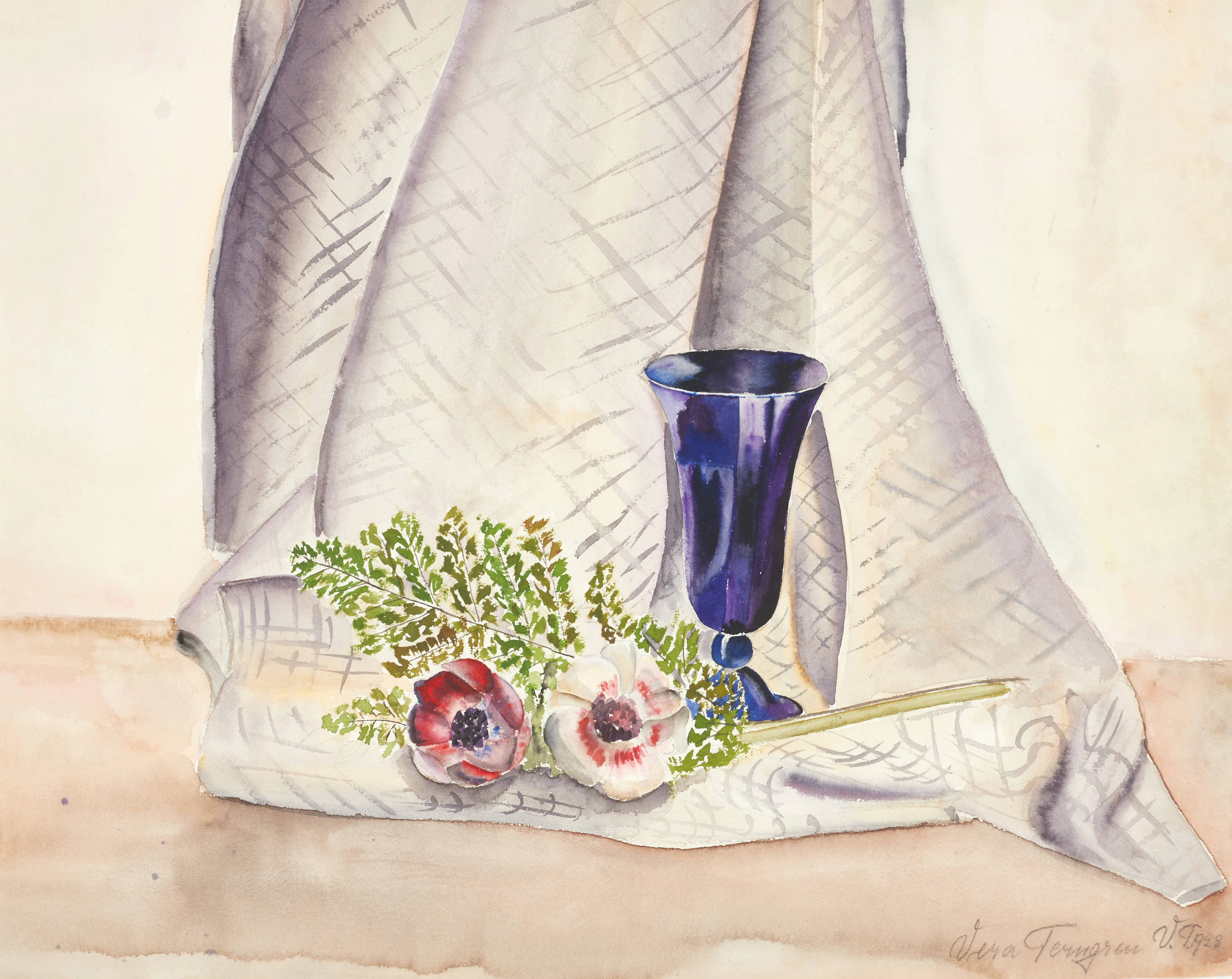 VERA FERNGREN (1910-1998). Stilleben med blommor, blått glas och textil