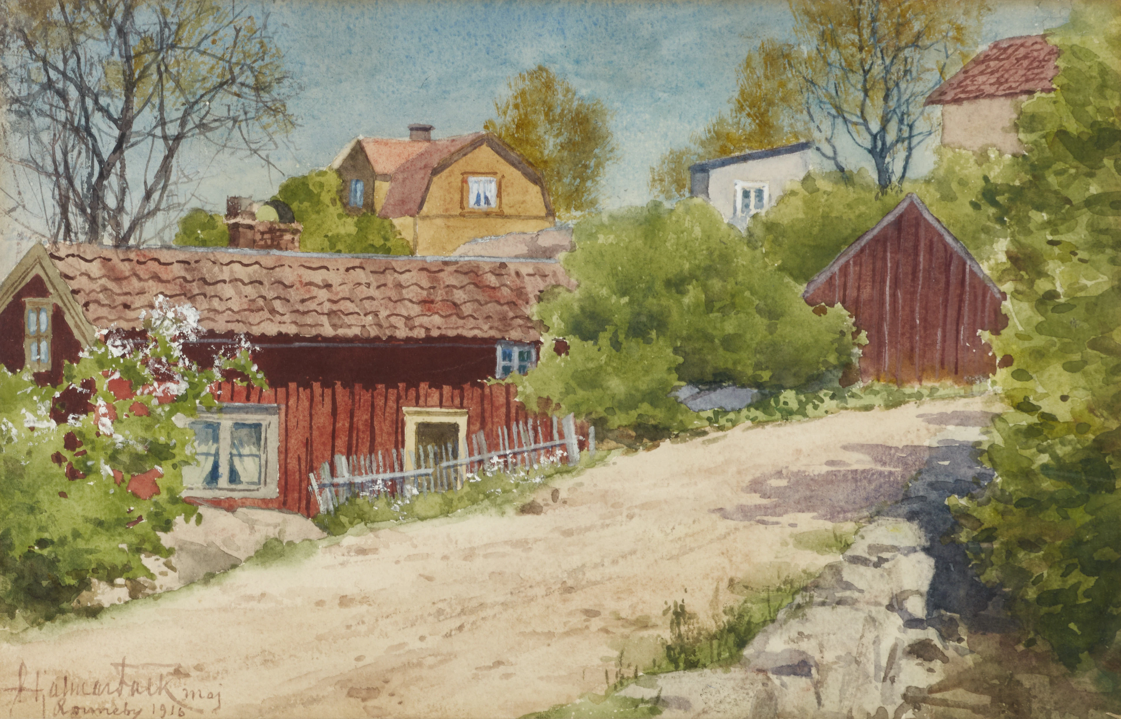 HJALMAR FALK (1856-1938), grusväg genom Ronneby, akvarell.